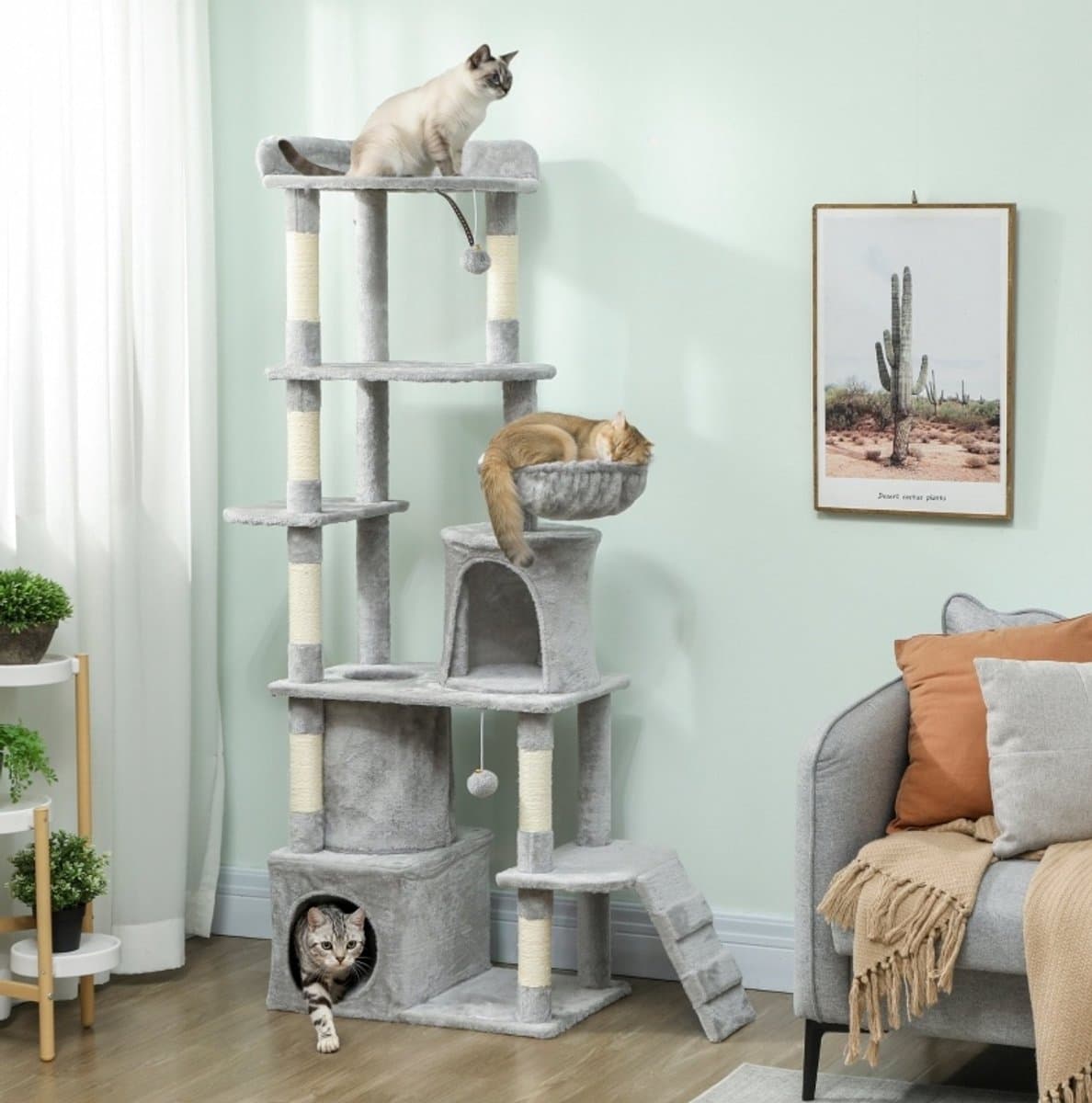 Kattenkrabpaal 170 cm Lichtgrijs - Sisal Krabpalen - Kattenhuisje en Hangmat - Meerdere Niveaus
