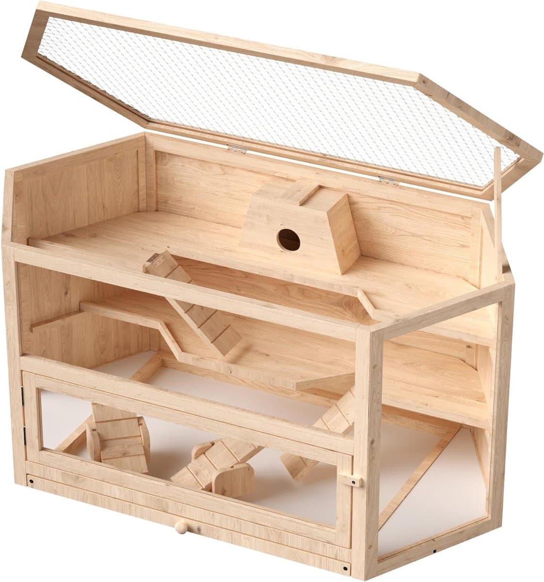 Knaagdierkooi 3 verdiepingen - Dierenverblijf Hamsterkooi - Knaagdieren Huisvesten - Klapbare deksel kijkvenster - 115x60x58cm - Natuur