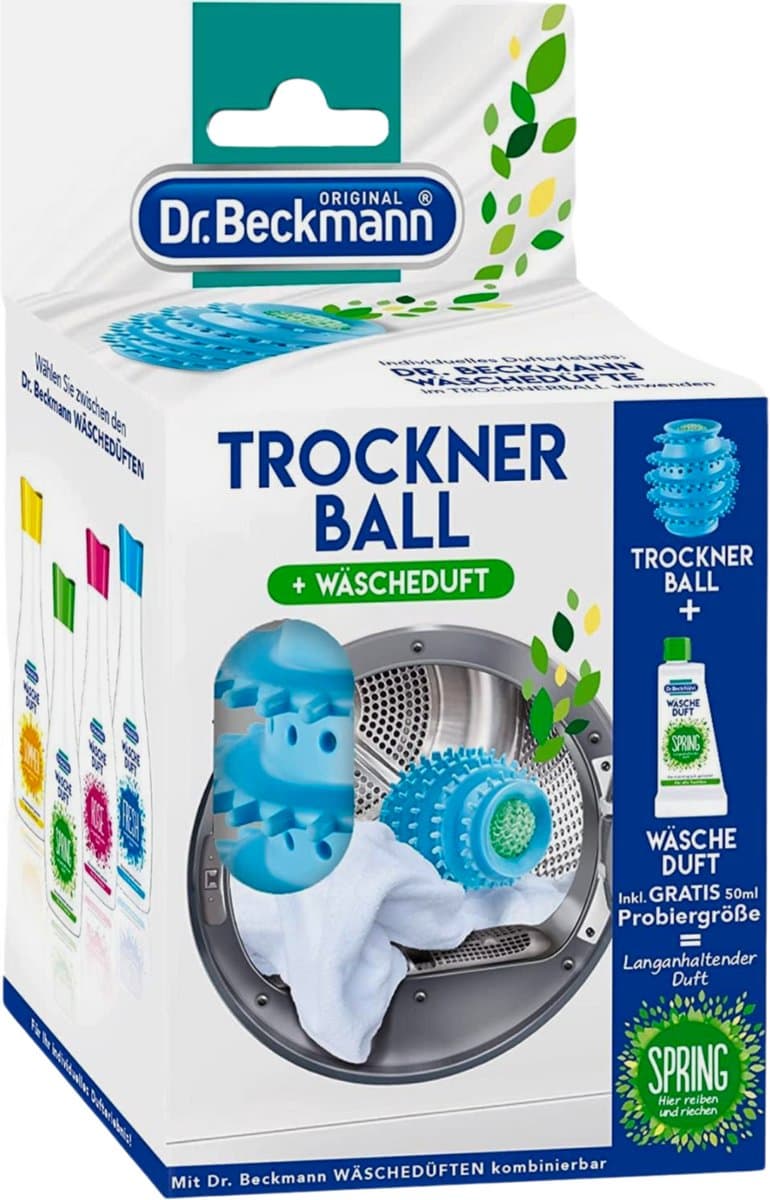 Dr. Beckmann Drogerbal + Wasgeur 50ml - Wasbol - Wasdrogerbal - Droogbal voor Wasdrogers - Droogkasten - Herbruikbaar - Vegan - Milieuvriendelijk - Gemaakt van Siliconen