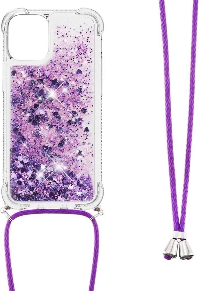 Lunso - Backcover hoes met koord - Geschikt voor iPhone 13 Pro - Glitter Paars