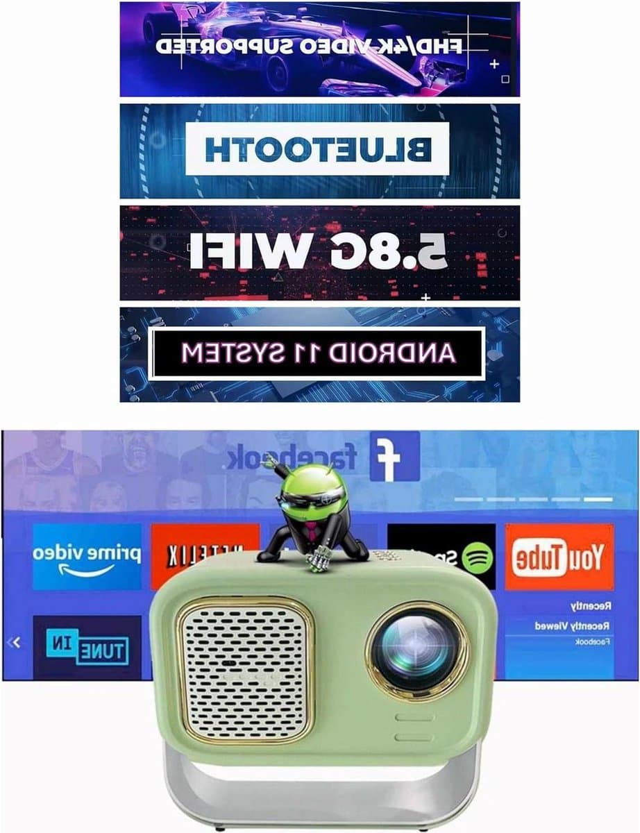 4K videoprojector HDMI 1080p AV USB Android 11 - WiFi Bluetooth thuisbioscoop voor Android/iOS/PS5/XBOX - groen en goud Beamer
