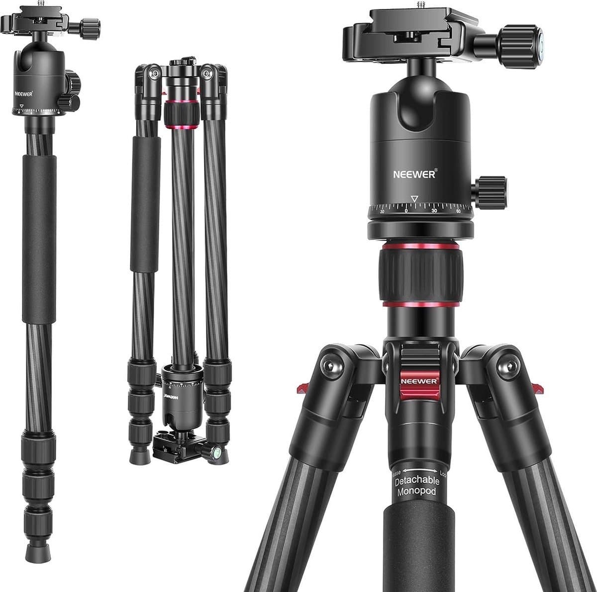 Carbon Fiber 168 cm Statief Monopod met 360-Graden Balhoofd, 1/4 Inch Snelsluiting, Draagtas voor DSLR Camera, Videocamera, Draagvermogen tot 12kg