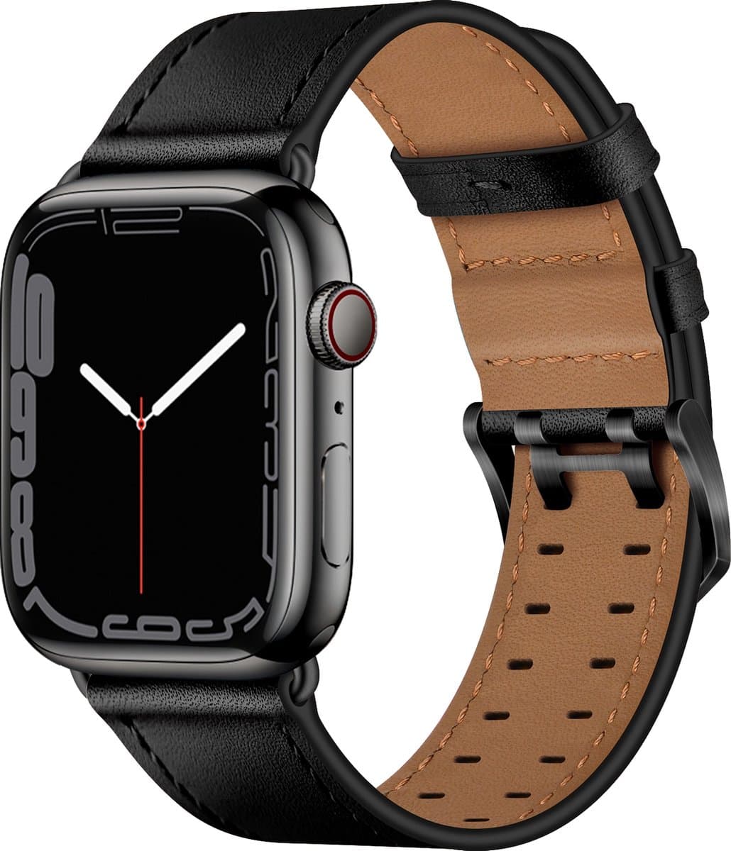 By Qubix - Leren band met twin gesp - Zwart met zwarte gesp - Geschikt voor Apple Watch 38mm / 40mm / 41mm / 42mm