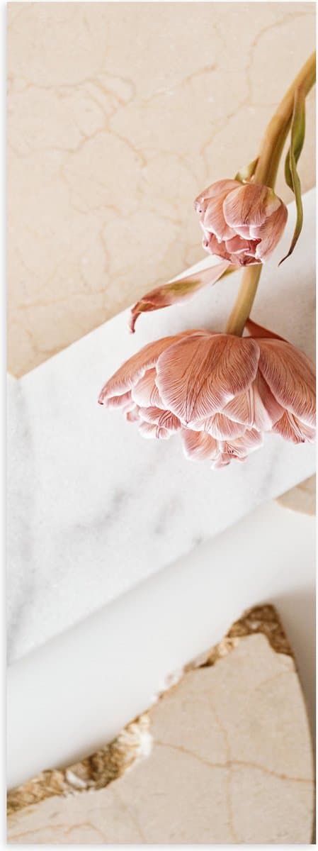 Poster (Mat) - Roze Bloemen Liggend op Marmeren Plaat - 50x150 cm Foto op Posterpapier met een Matte look