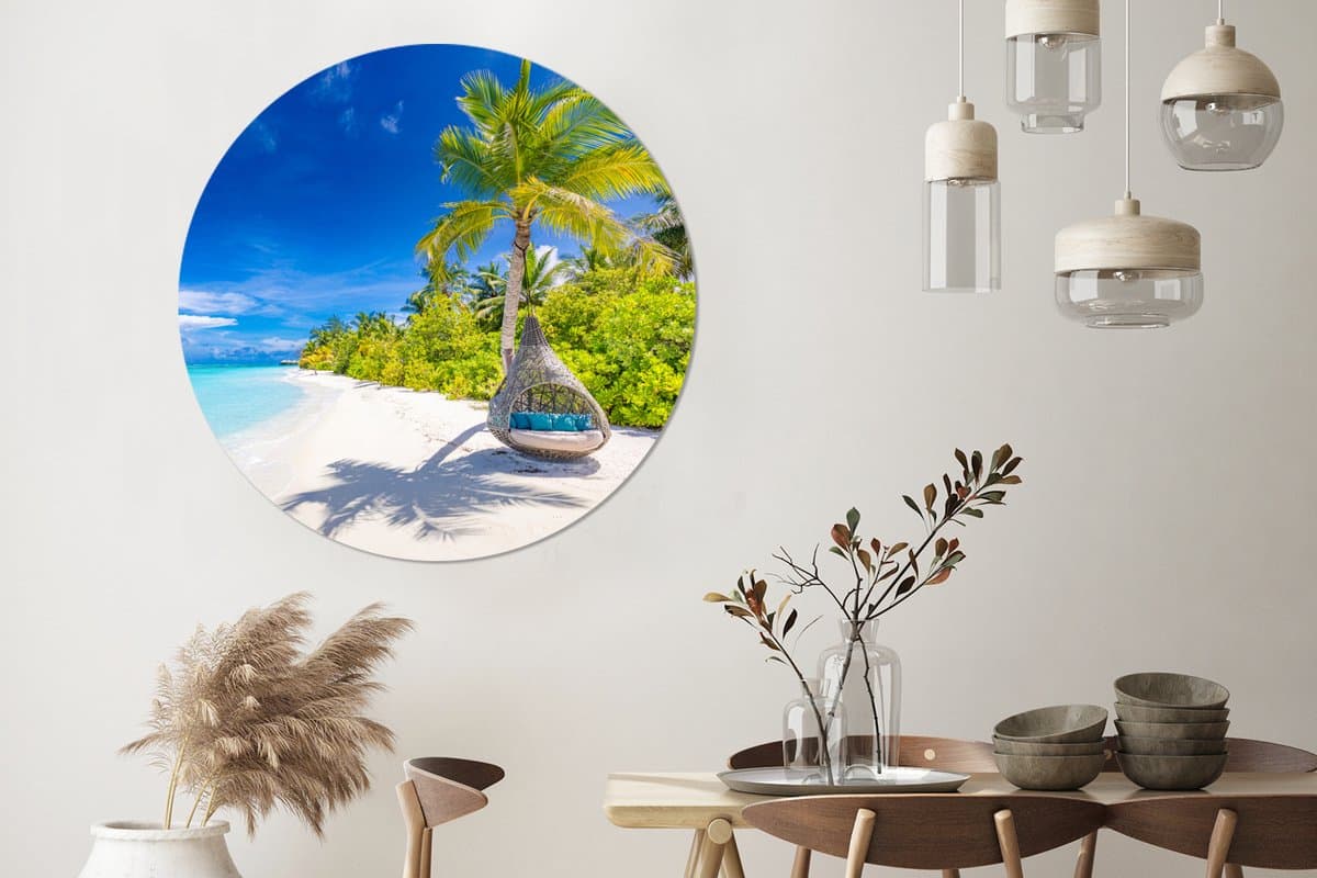 WallCircle® Wandcirkel 120x120 cm - Muurcirkel Strand - Palm - Hangstoel - Muurdecoratie woonkamer - Wanddecoratie slaapkamer - Kamer decoratie accessoires - Ronde schilderijen XXL