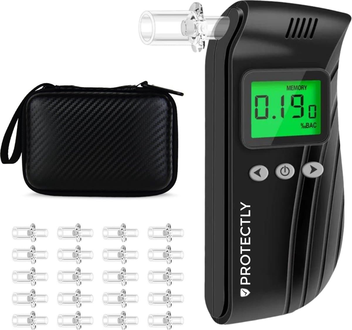 Protectly® Digitale Alcoholtester PRO - Incl. 20 Extra Mondstukjes – Alcoholtesters - Blaastest Alcohol – Alcoholmeter – Geschikt voor o.a. Nederland, Frankrijk en België - Oplaadbaar