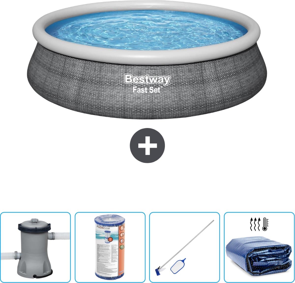 Bestway Rond Opblaasbaar Fast Set Zwembad - Rotanprint - 457 x 84 cm - Inclusief Pomp Filter - Schoonmaakset - Solarzeil