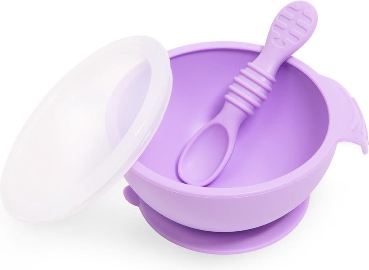 Bumkins - Siliconen Eerste Baby Eetset (Kom met Deksel + Lepel) - Lavendel