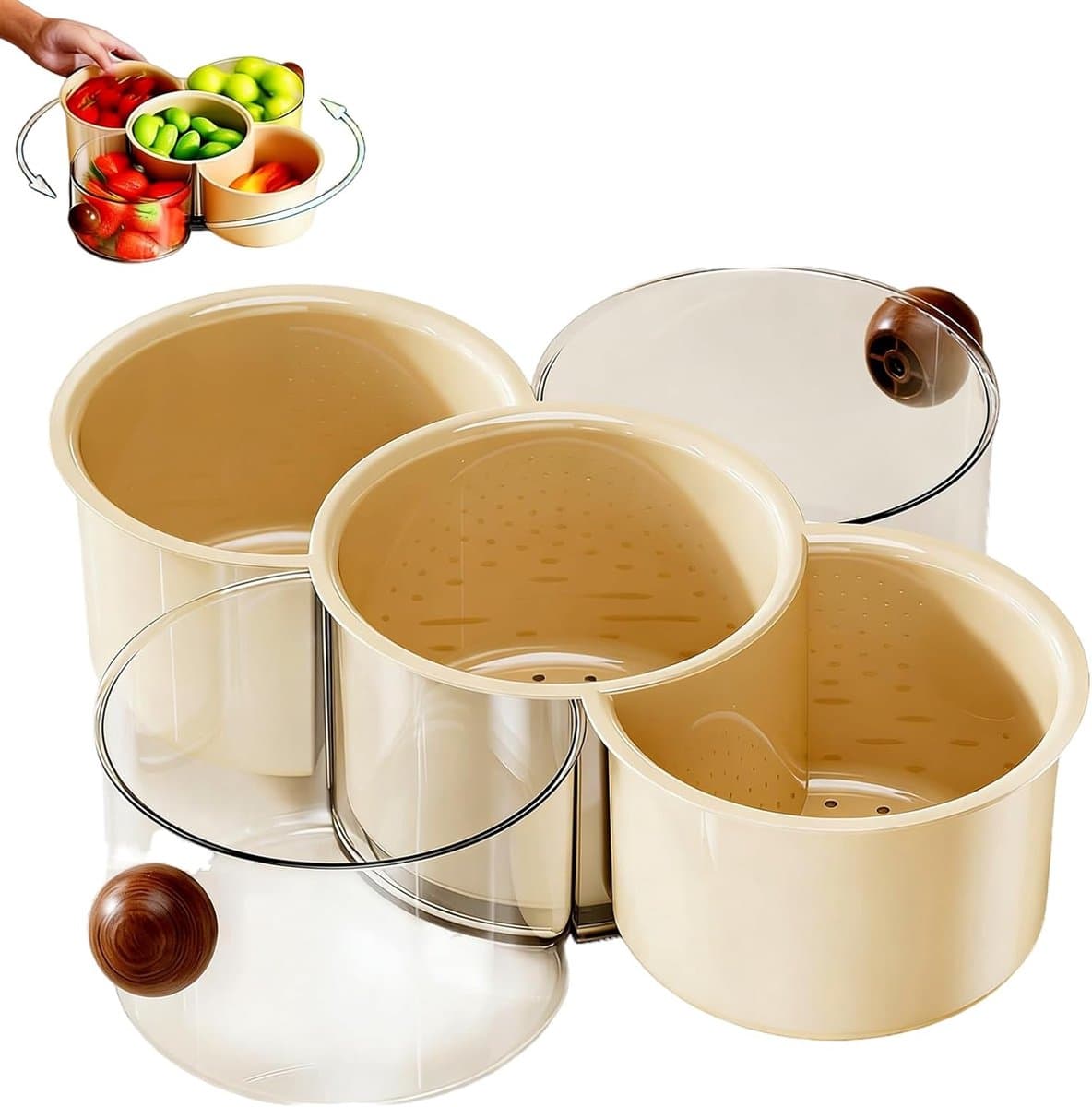 360° Rotating Fruit and Vegetable Storage Box with Drainage, Double-Layered Multi-Compartment Snack Tray for Nut and Candy, Round Divided Serving Platter (Brown-L)