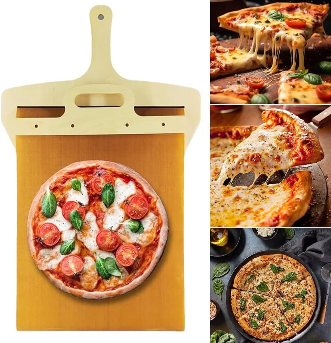 Glijdende pizzaschel, Nieuwste de pizzaschil die pizza perfect overbrengt, houten glijdende pizzaschep met handvat, premium non-stick pizza-ovenaccessoires voor keuken
