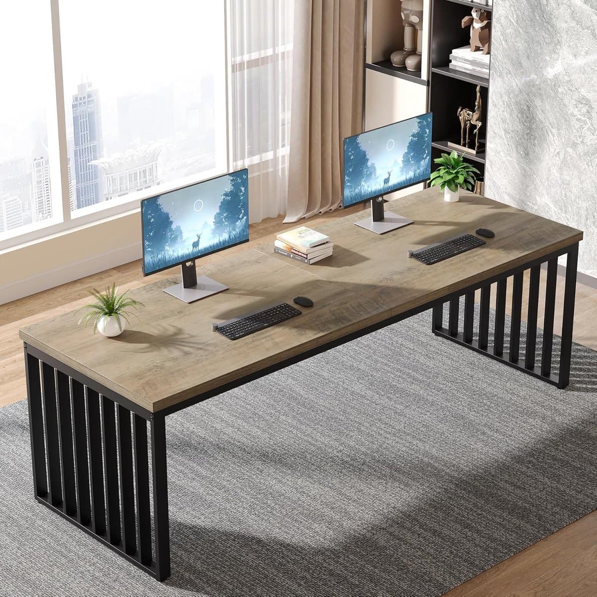 Bureau 180x60 cm Industrieel – House&Garden Grote Computertafel voor 2 Personen – Werkbureau Thuiskantoor – PC Tafel met Metalen Frame en Houtlook Blad – Vergadertafel, Gaming Bureau, Schrijftafel – Grijs