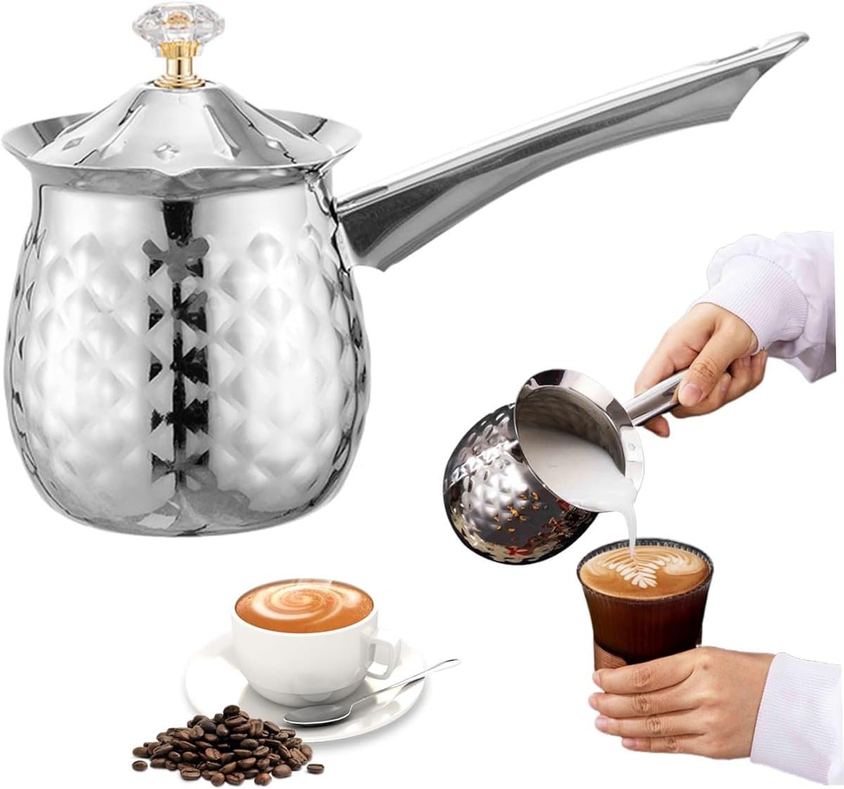 Turkish Coffee Maker, Arabic Coffee Maker, 400ml Stainless Steel Melting Pot with Eagle Spout, Non-Slip Milk Heater with Handle and Dust Cover for Stove