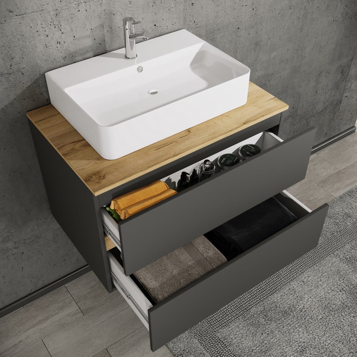 VCM 4-tlg. Waschtisch Set mit Keramikbecken, Badschrank mit 2 Softclose-Schubladen, Hochschrank, Spiegelschrank mit Beleuchtung und Steckdose, Maße Unterschrank H. 51 x B. 80 x T. 51 cm, Cosila-A
