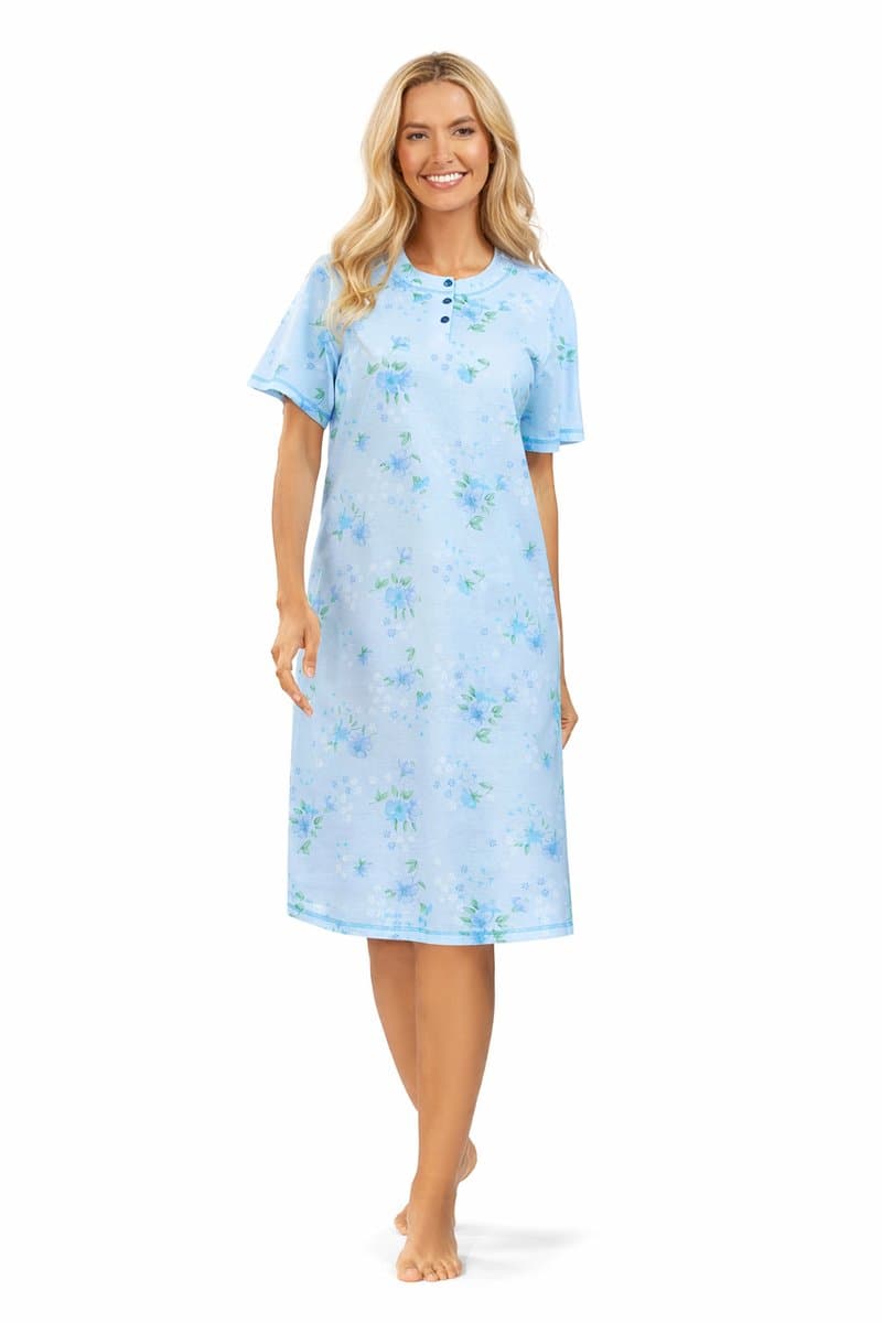 Comtessa dames Nachthemd Klassiek – 105 cm – Blauw Bloemenprint – Korte Mouw – 100% Katoen - Maat 42