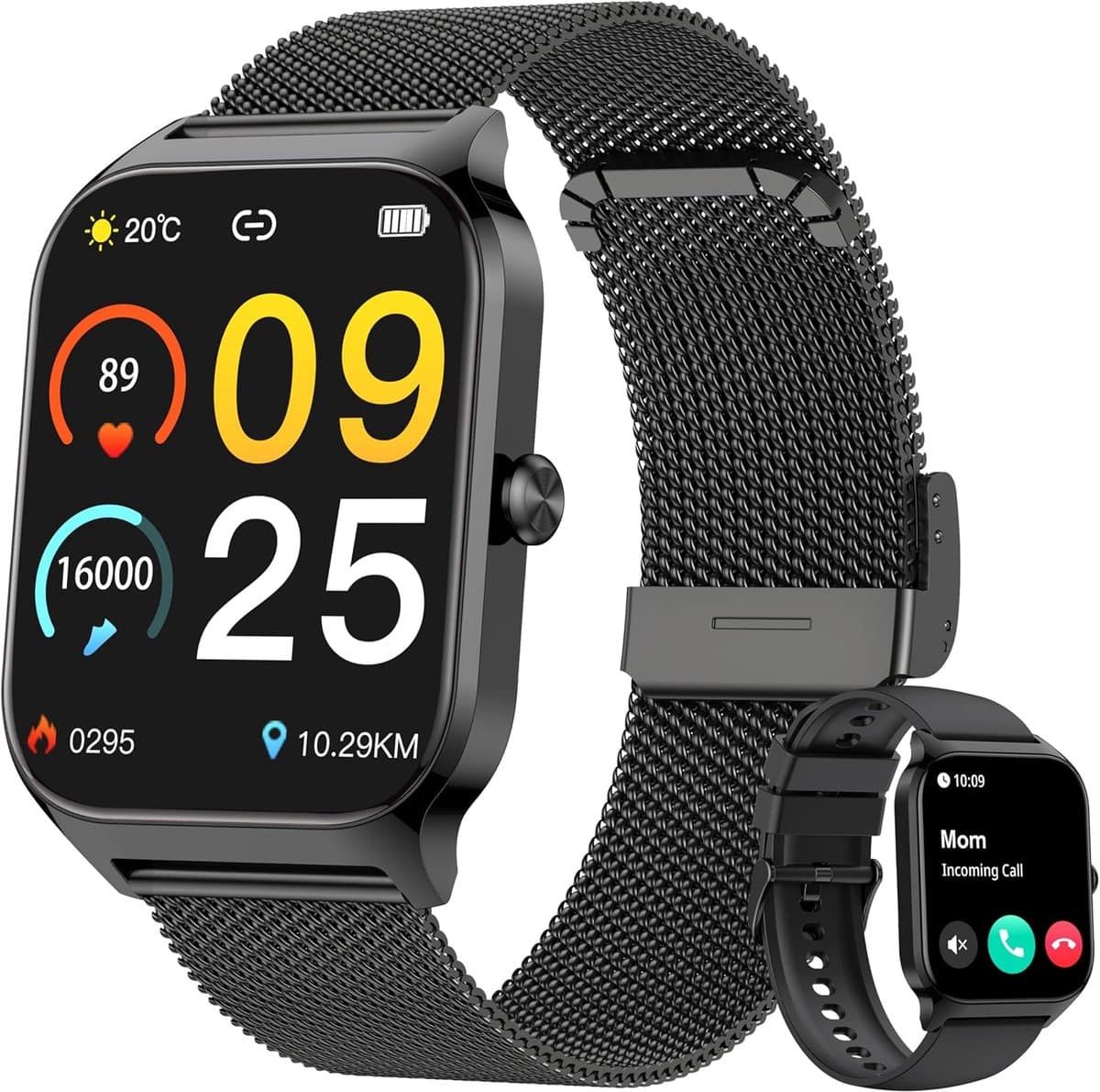 Smartwatch Heren Dames - Fitness Tracker - Gezondheid Monitoren - Bluetooth Bellen Muziek - 1.85 Inch Scherm - Zwart