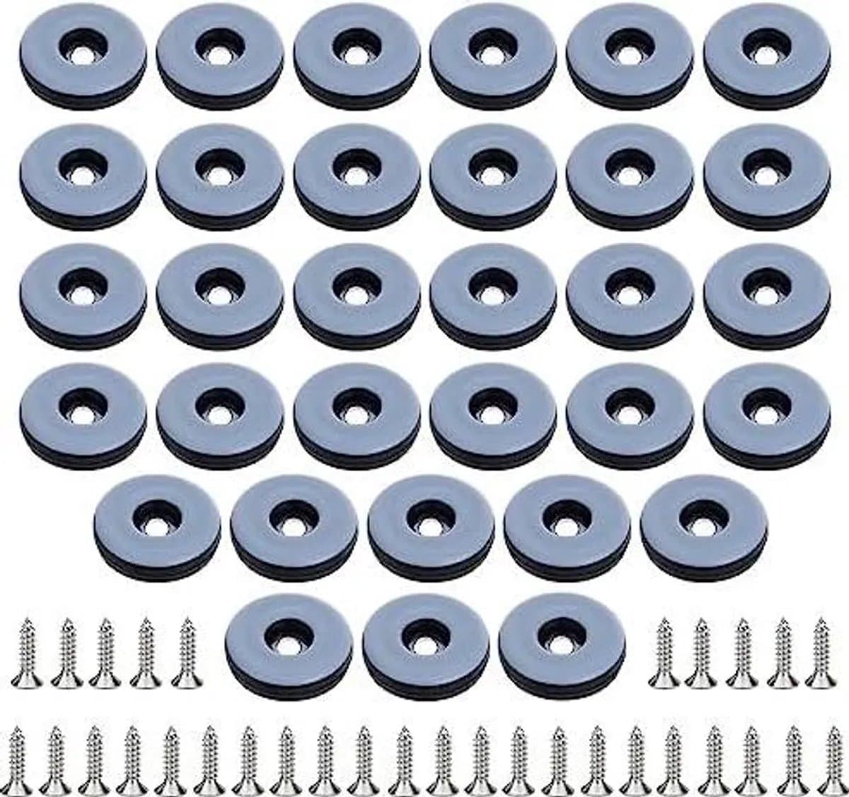 32 vloerwielen met een diameter van 22 mm, gemaakt van Teflon, bevestigd met schroeven en voorzien van 32 roestvrijstalen schroeven. Inclusief beschermers voor stoelpoten en een set meubelwielen. Beschermt effectief uw meubels, stoelen en vloeren.