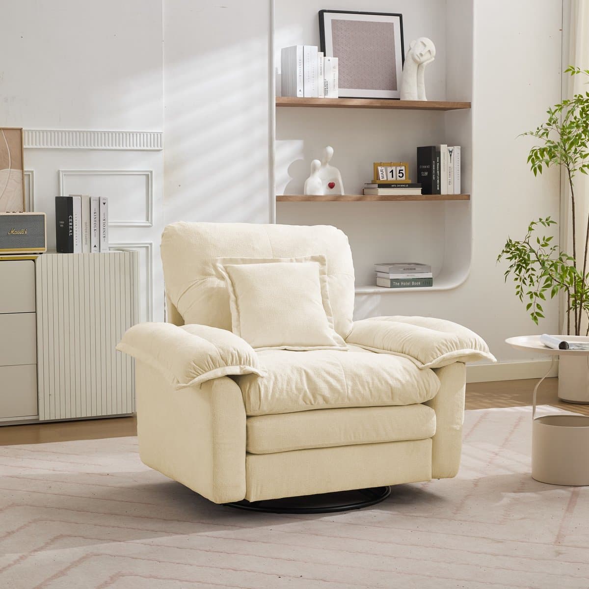 FloraGrace Fauteuil - 360° Draaibaar Met Steunkussen - Voor Lezen En Ontspannen - Chenille - Beige