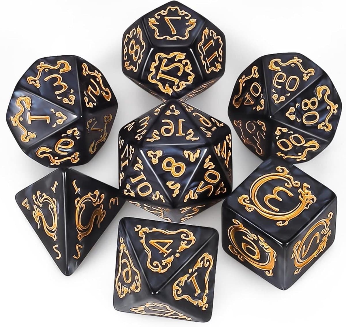 Dobbelstenen Set - Dobbelstenen D&D RPG - Tabletop Spel - Zwart Drakenpatroon - 16 mm - Zwart