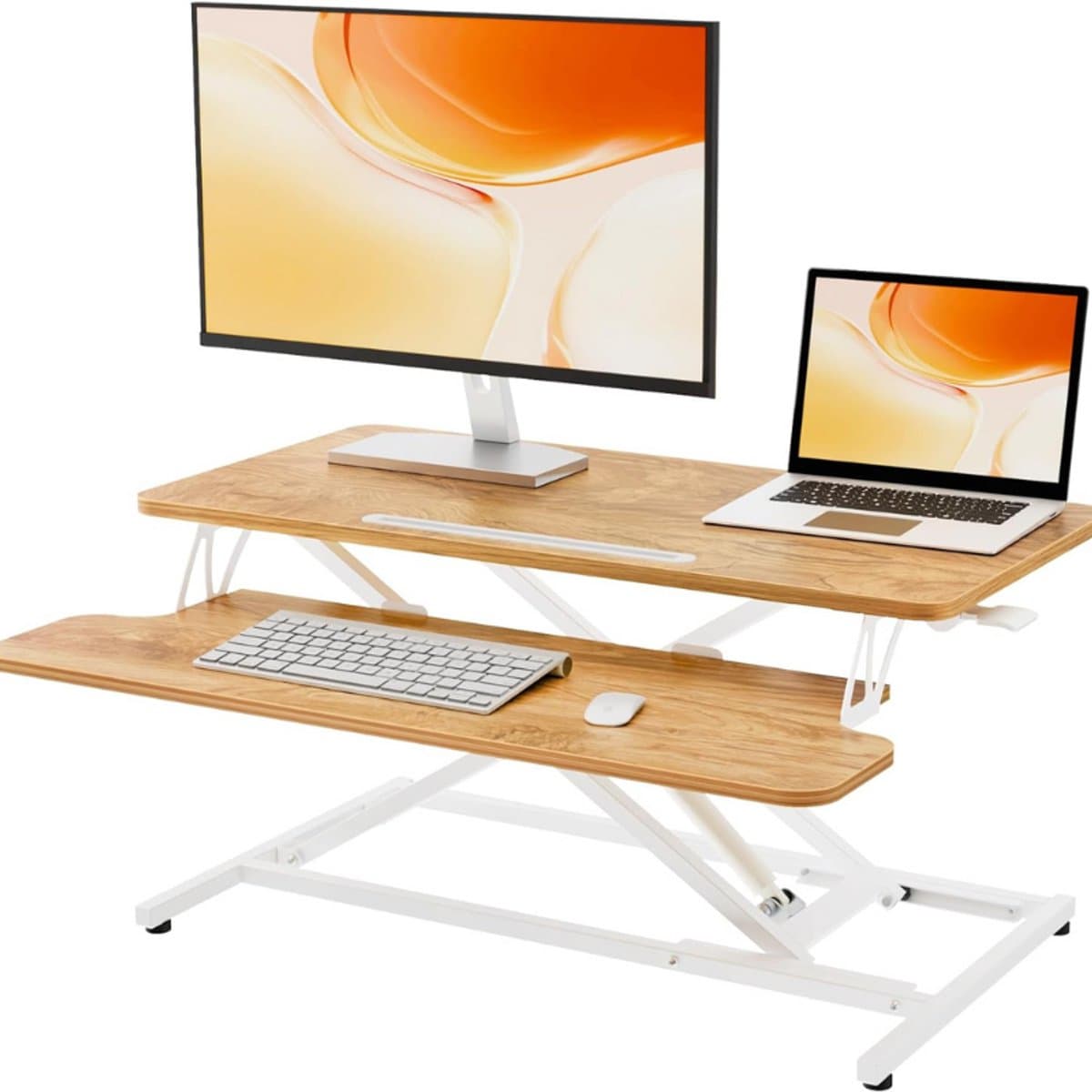Verstelbare Zit Sta Bureau Converter - 64 CM Breed Werkstation Riser - Snel Van Zitten Naar Staan - Geschikt Voor Dubbele Monitor - Licht Rustiek Bruin