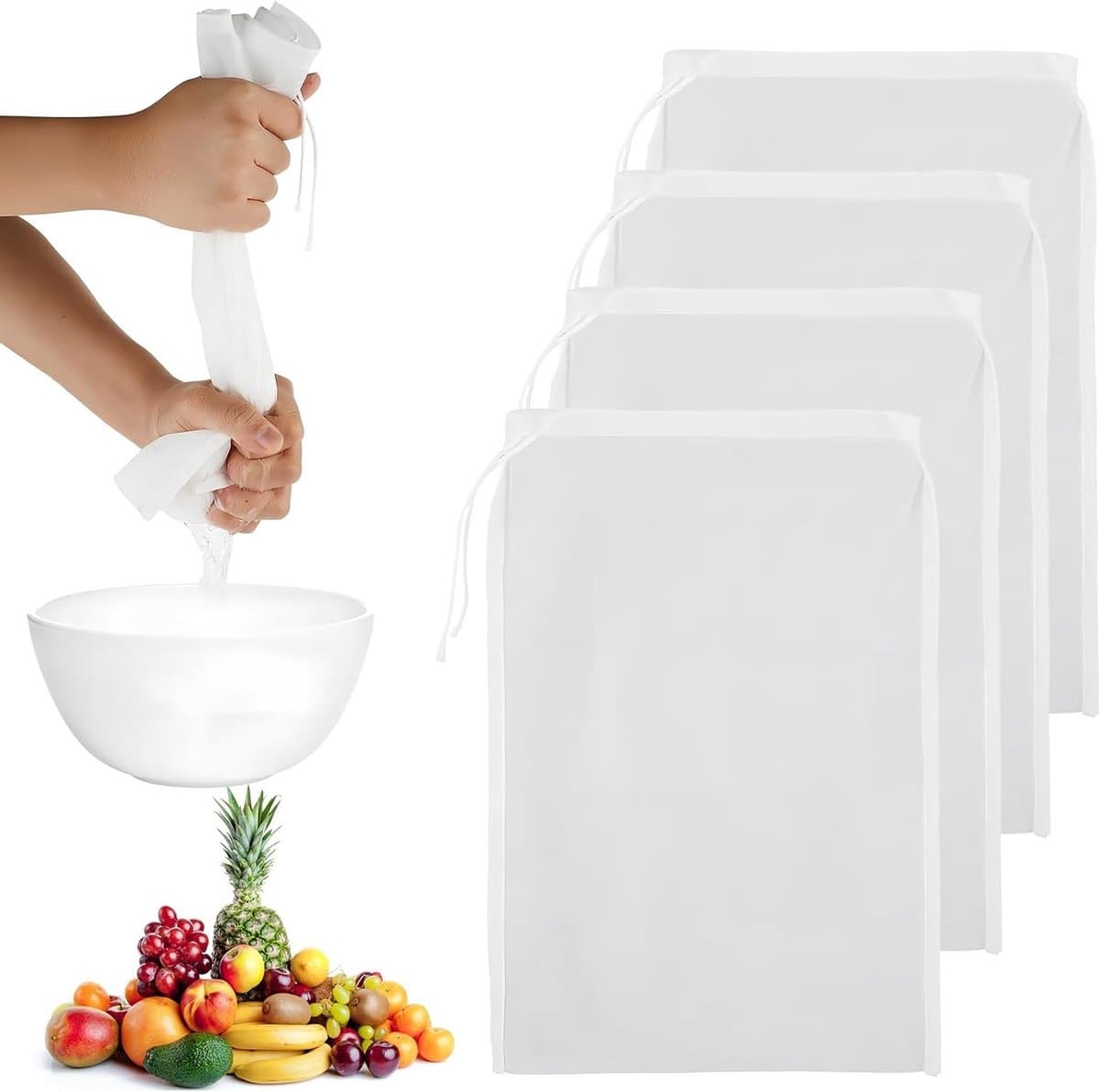 4 Pack 200 Mesh Nylon Zeefzakken voor Notenmelk, Voedselzeef, Kaasdoek, Thee en Koudbrouwsels - 20x30cm