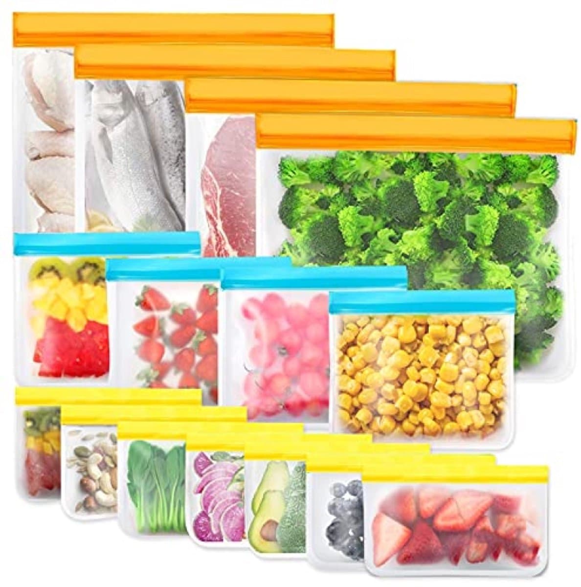 Set Van 15 Herbruikbare Siliconen Voedselzakken - Waterdichte Vrieszakken Met Ritssluiting - 4x1500ml + 4x900ml + 7x300ml - Diepvrieszakken Portiezakken Wasbaar Dichtsluitend