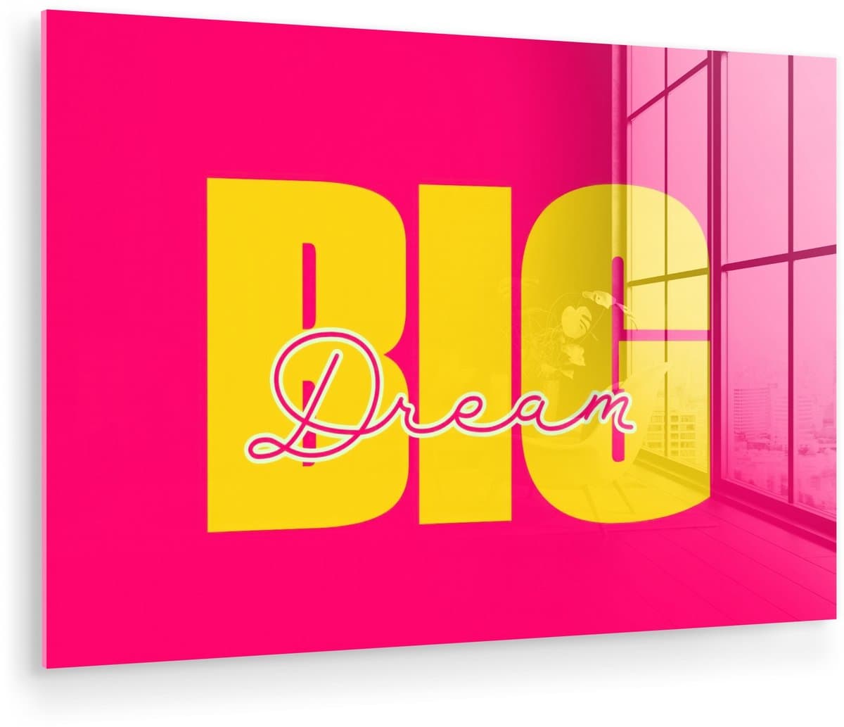 MuchoWow® Glasschilderij 30x20 cm - Schilderij acrylglas - Dream big - Roze - Geel - Minimalistisch - Foto op glas - Muurdecoratie woonkamer - Wanddecoratie slaapkamer - Schilderijen