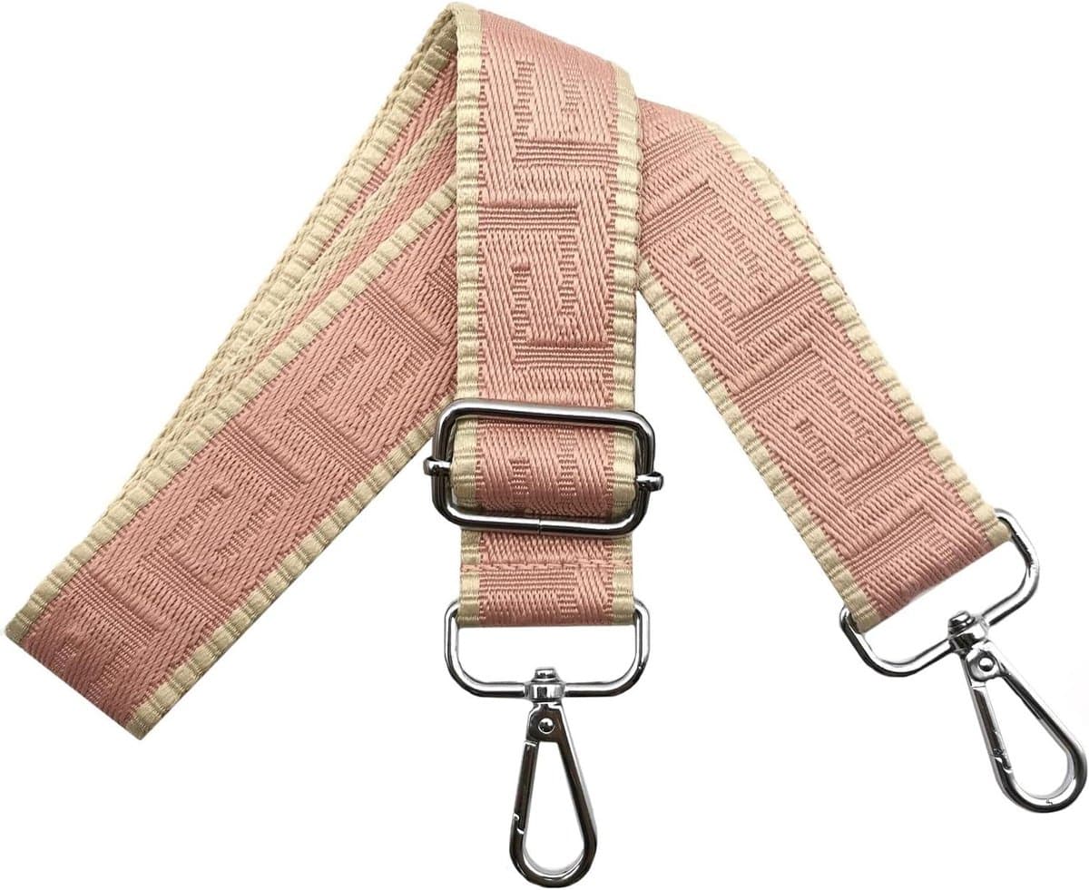 Schouderband Tas - Verstelbare Band - Tassen Personaliseren - Met Zilveren Karabijn - 80-130 cm - Roze Gestreept