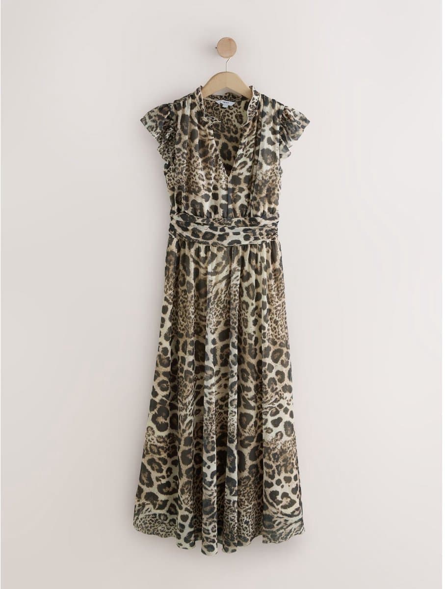 Next Plooirok met meshprint, V-hals, maxi-jurk voor speciale gelegenheden - Tall