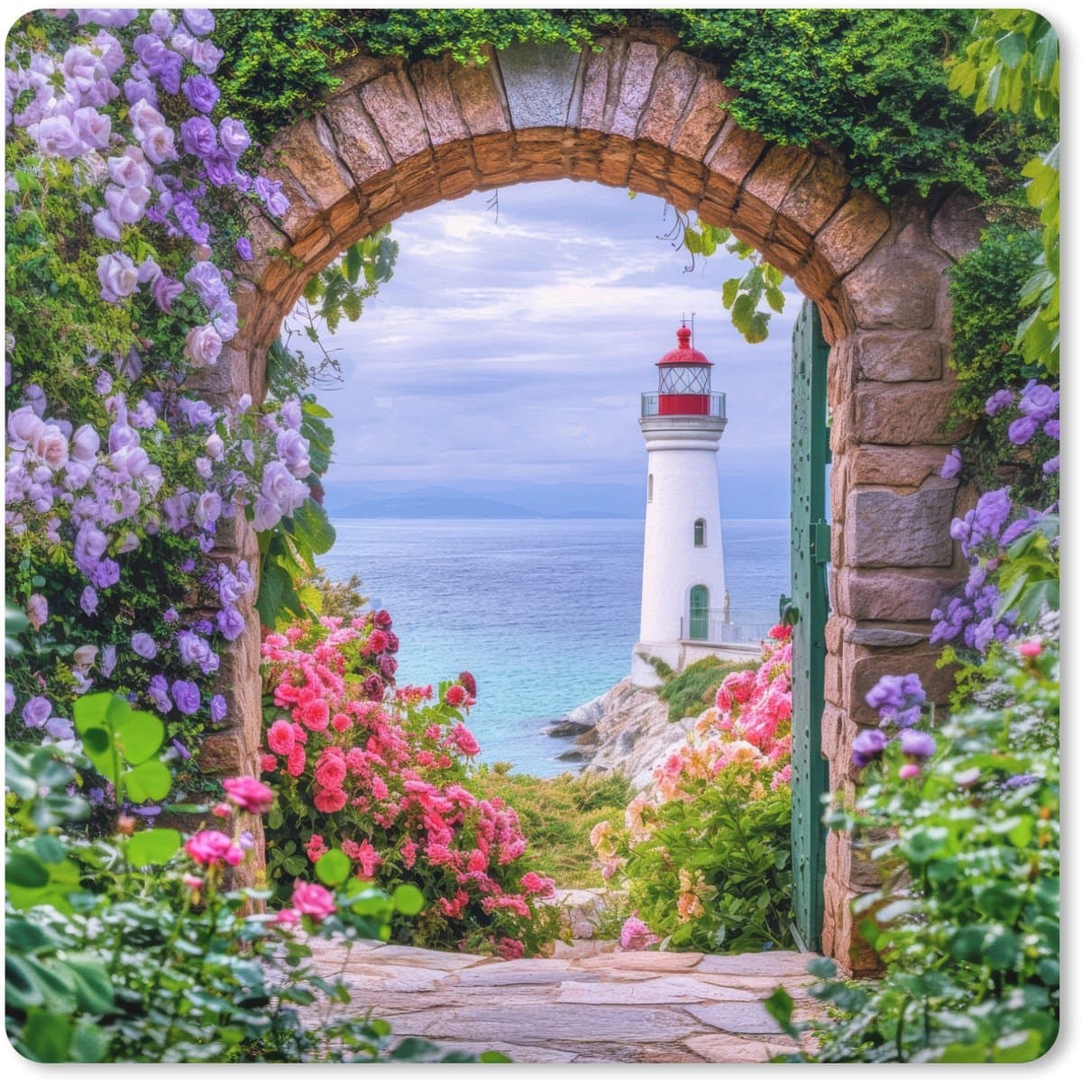 Muismat XXL 60x60 cm - Bureau onderlegger - Bureau mat Doorkijk - Vuurtoren - Bloemen - Uitzicht - Bureaumat - Gaming mousepad xl - Bureaulegger groot - Computer deskmat