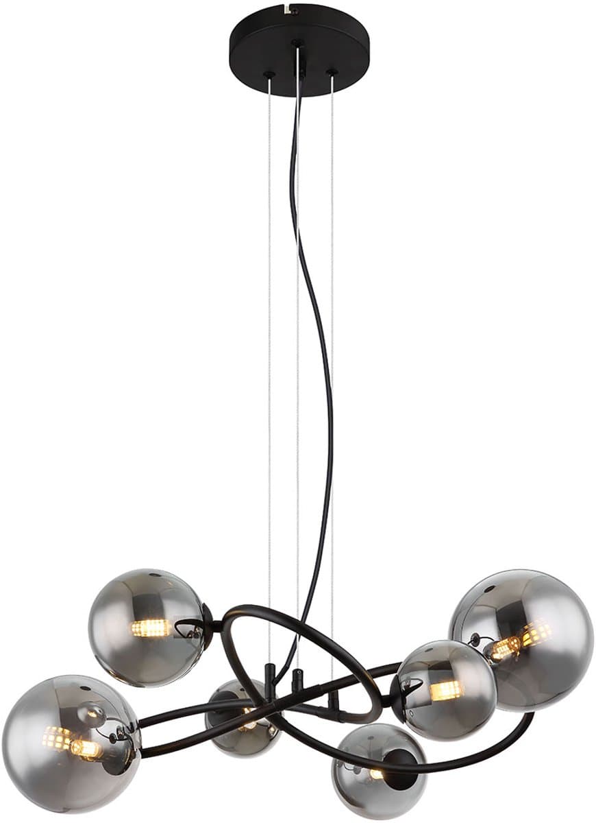 Globo - hanglamp - Riha - zwart - glas metaal smoke glas - design lamp - G9 - 56133-6H