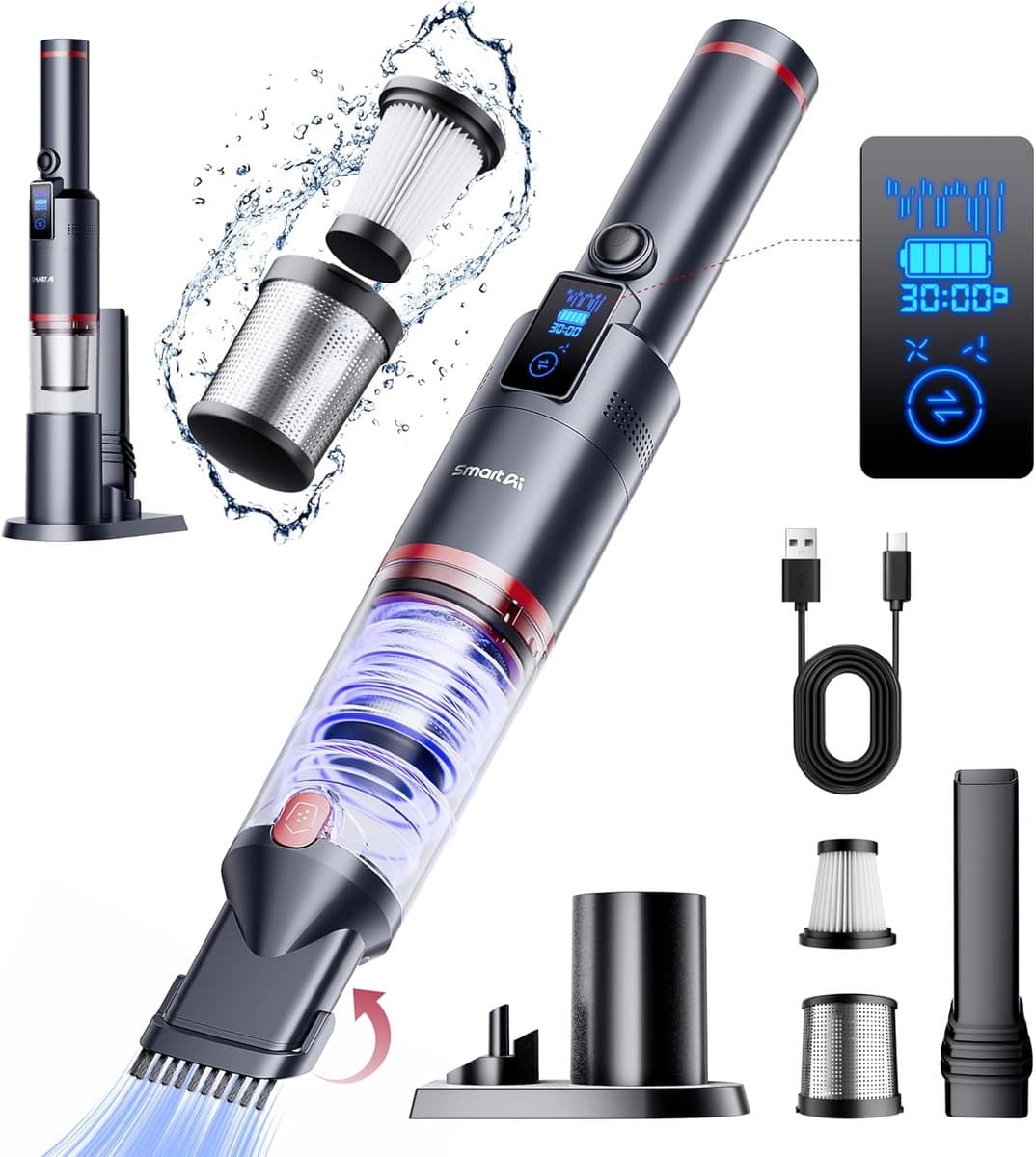 SmartAI H5 Handstofzuiger, 17000 Pa mini led-draadloze accu-handstofzuiger, 30 minuten duur, lichte accustofzuiger voor auto