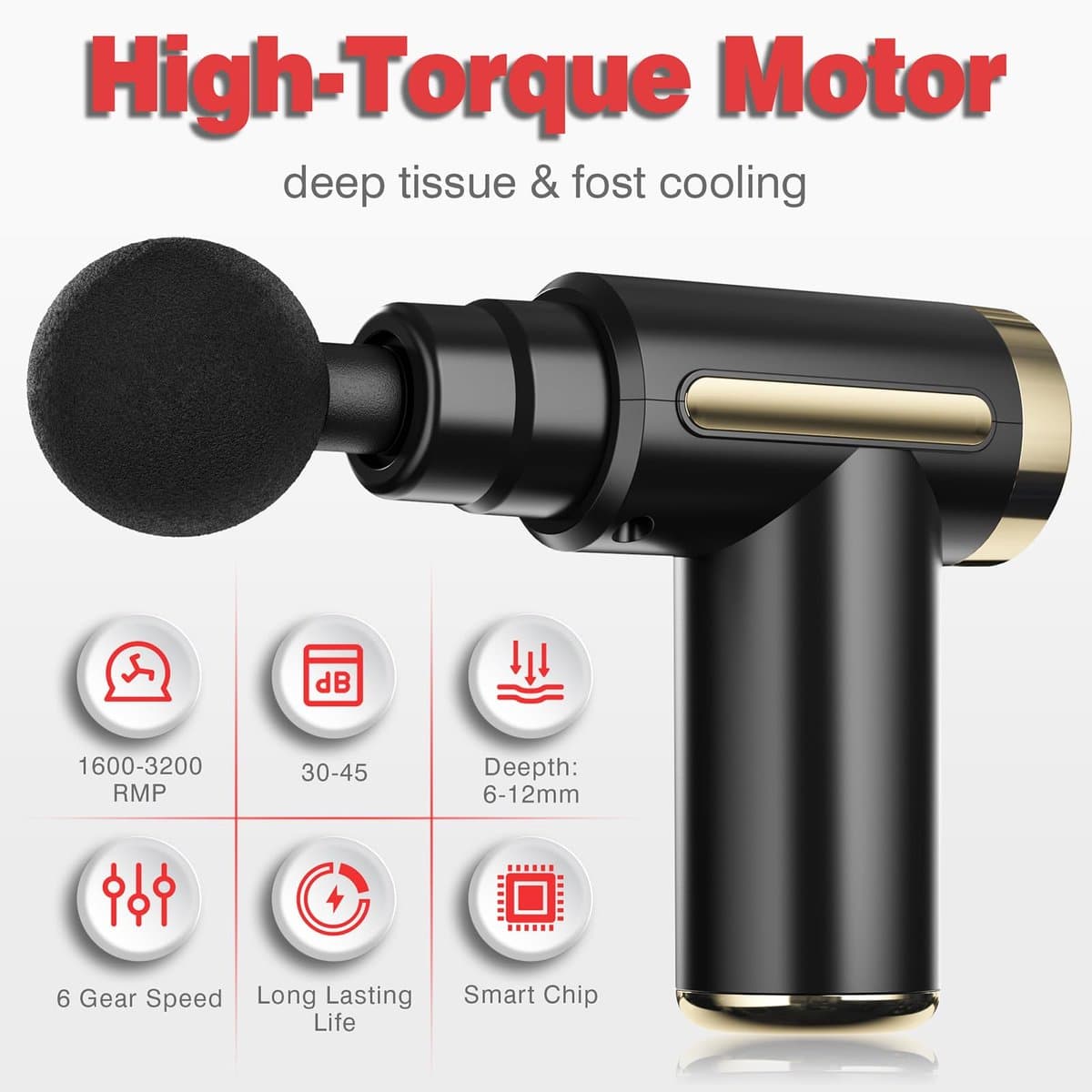 Massage gun met 4 hulpstukken incl. oplaadbare accu. Relaxen massage apparaat met instelbare intensiteit, 4 verschillende hulp stukken en USB C laadkabel. Houd de aan/uit knop even ingedrukt om hem aan of uit te zetten.