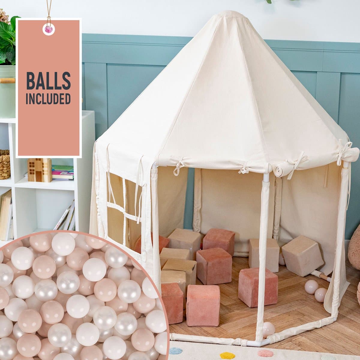 KiddyMoon Speeltent Kindertent Met 300 Ballen Opvouwbaar Voor Kinderen Paviljoenvormig Kinderhuis Gemakkelijk In elkaar te zetten Om Binnen En Buiten Te Spelen, Natuurlijke Kleur:Pastel Beige/Wit/Parel