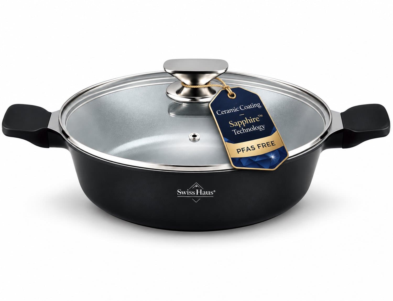 Swiss Haus® BLC34B Hapjespan Inductie met Deksel - Ø 34 cm / 6.7 Liter - PFAS Vrij - Hapjespannen Voor Alle Warmtebronnen - Braadpan Met Sapphire™ Antiaanbaklaag - Zwart