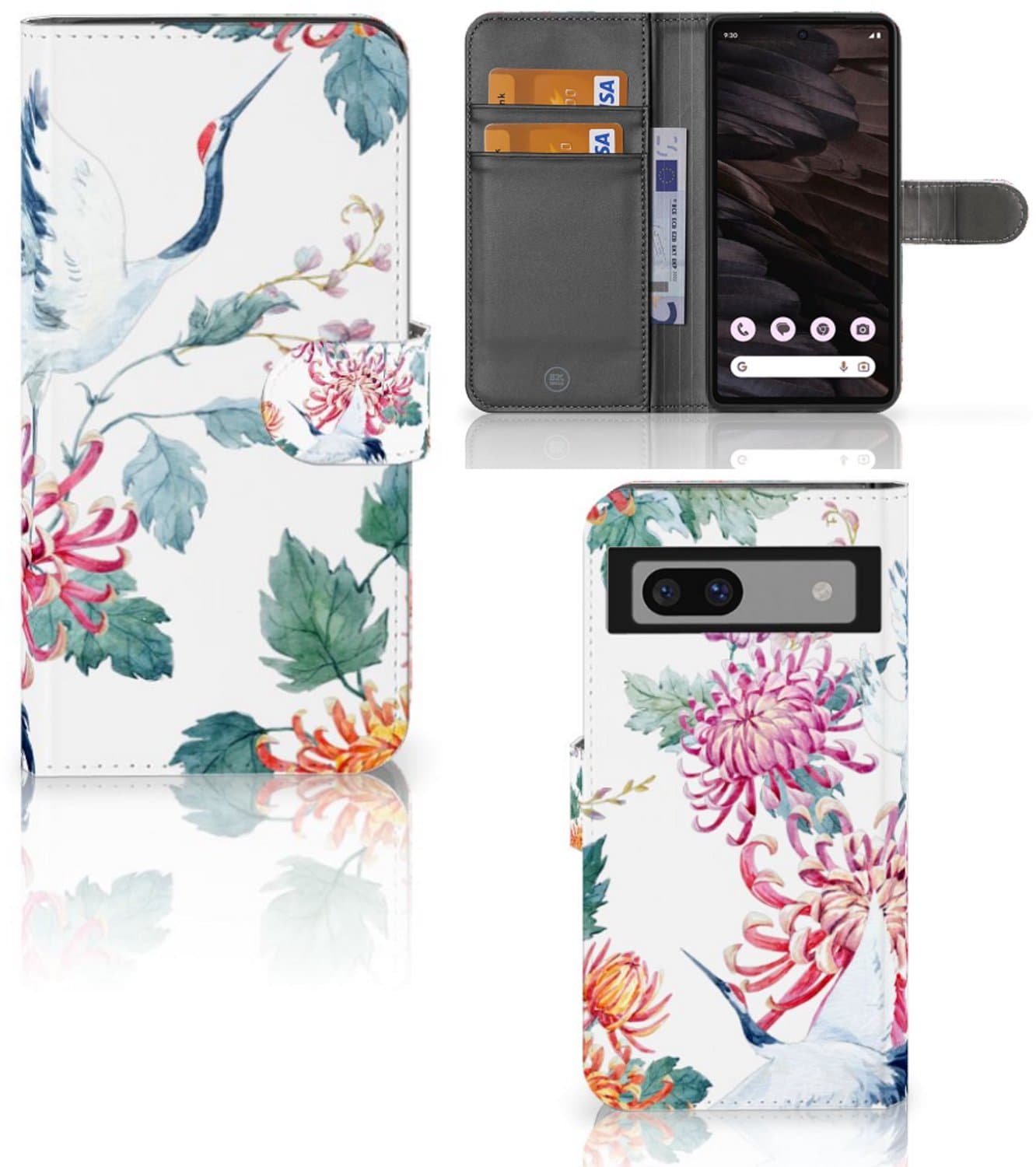 Google Pixel 7A Telefoonhoesje met Pasjes Bird Flowers