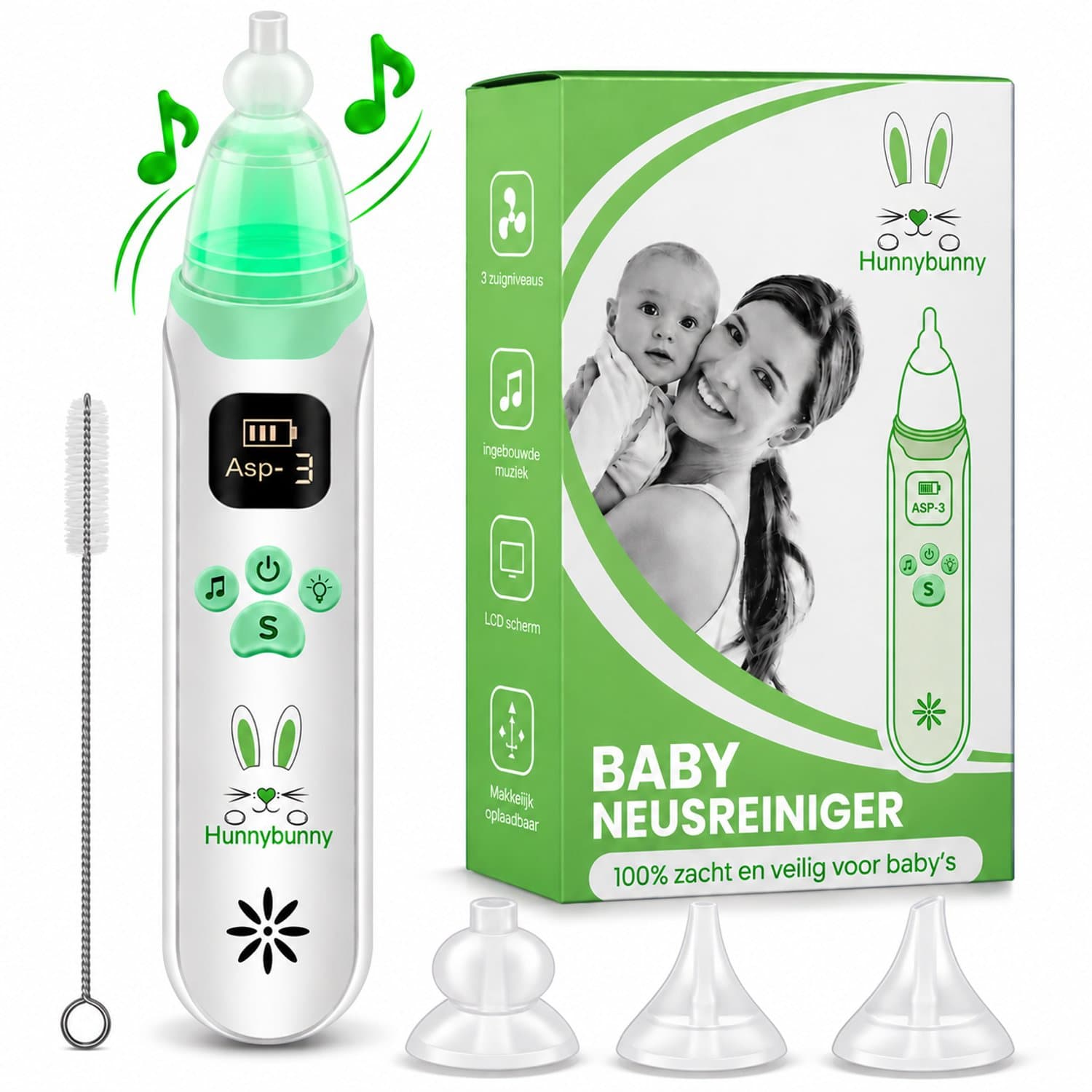 Hunnybunny® Elektrische Neusreiniger voor Baby’s met 8 Muziekjes en Licht – Neuspeer - Aspirator - Neuszuiger