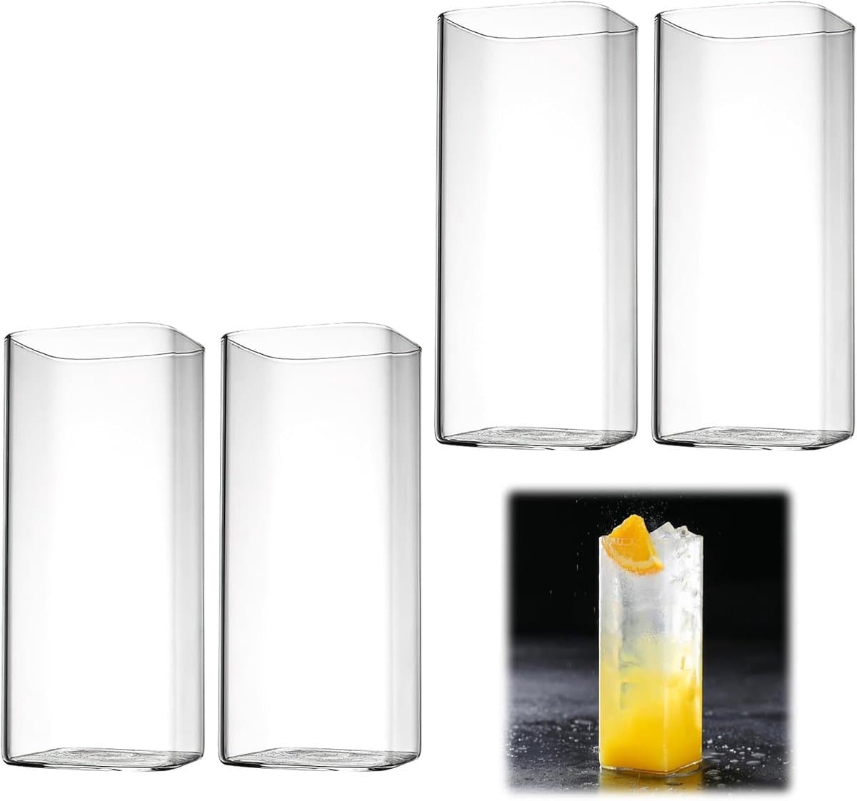 4 stuks transparante drinkglazen, 400 ml, dunne vierkante waterglazen, set van 4 longdrinkglazen, elegante barglazen, glazen voor water, sap, bierdranken, cocktails, drankjes, party, modern