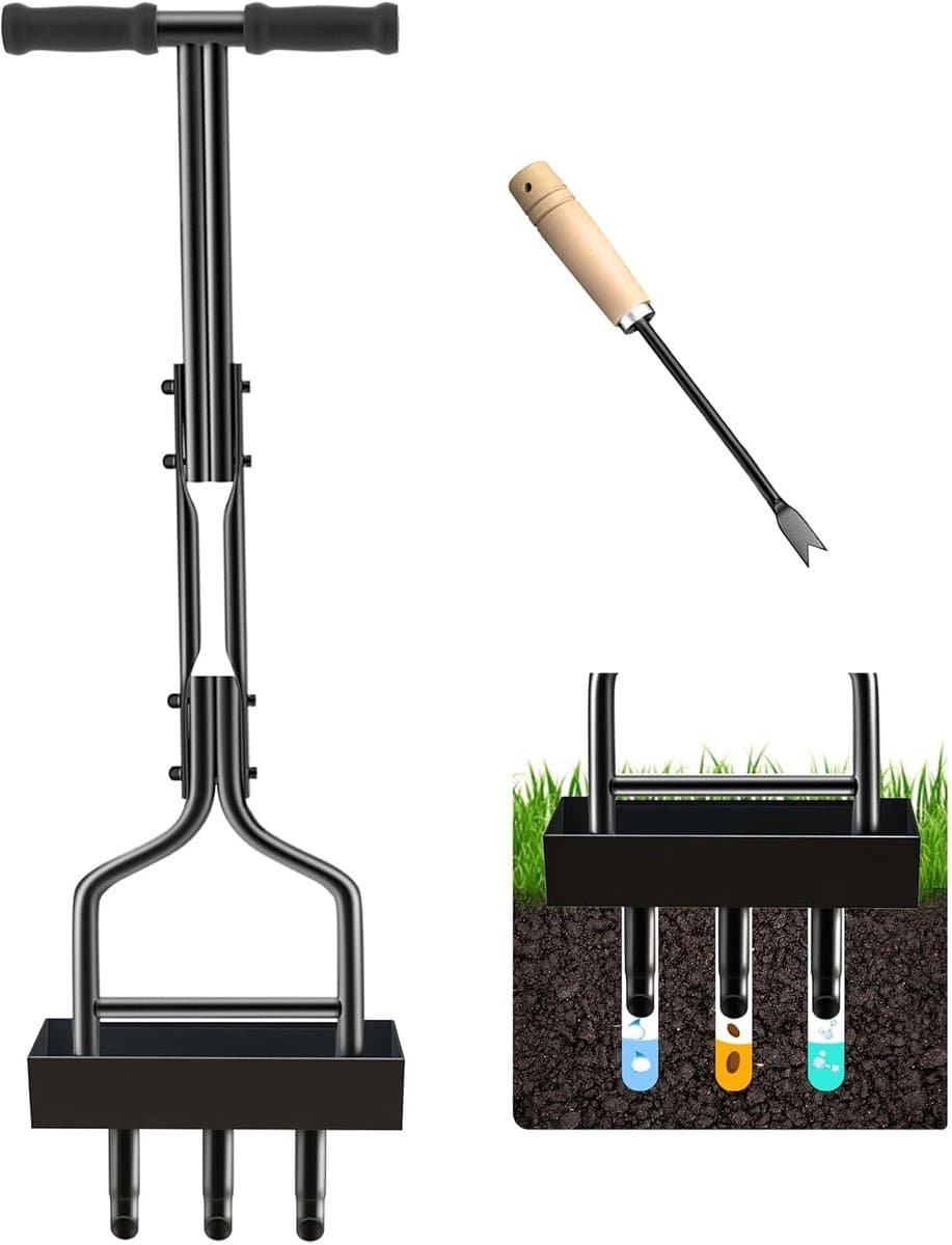 Handmatige gazonbeluchter 3 kern, holle tandbeluchter met kernverzameldoos, plugbeluchting 96,5 cm, zwaar belastbare plugkern beluchtingsgereedschap voor gazons en verdichte bodems
