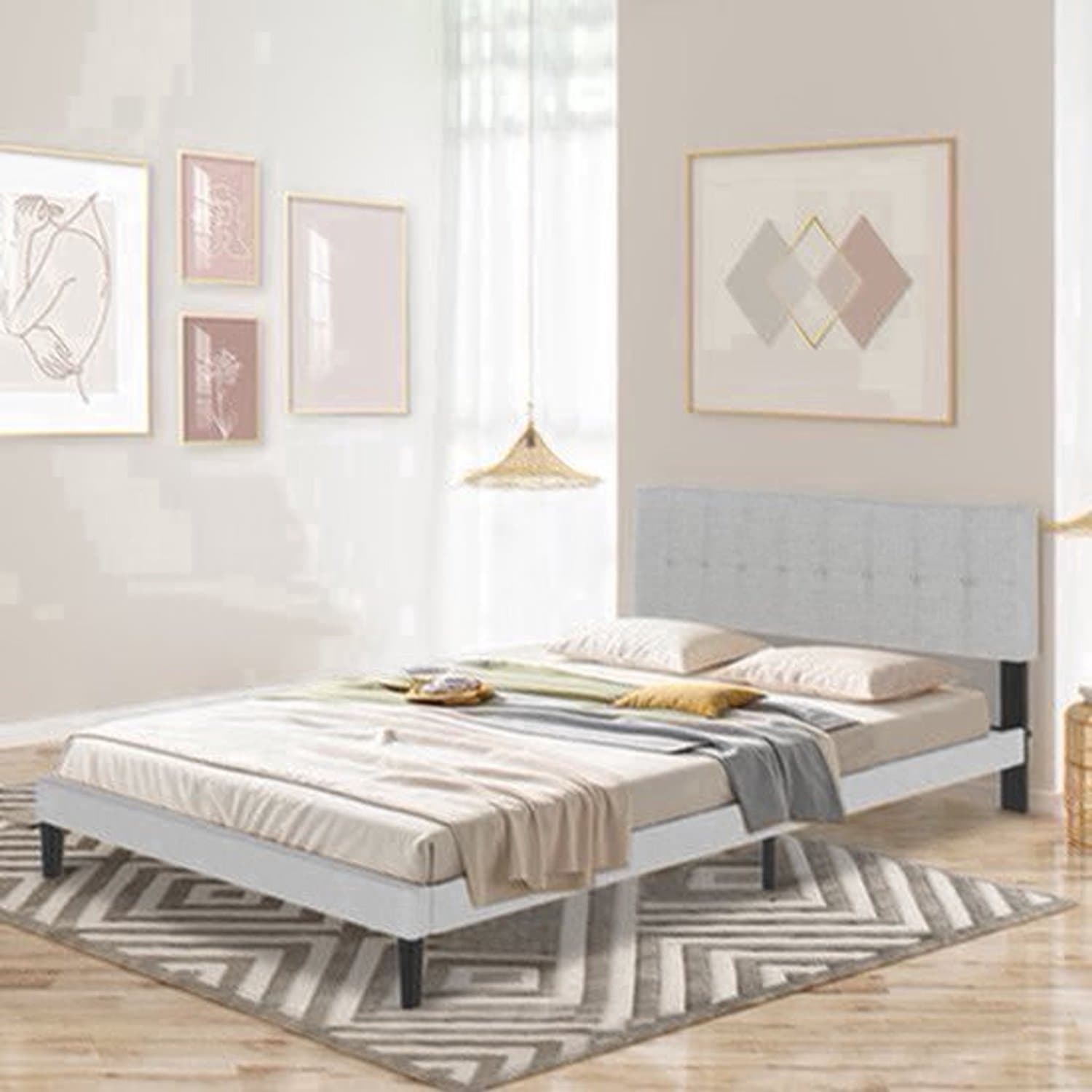 Bedframe – Gestoffeerd Bed – Tweepersoonsbed – Lattenbodem – Slaapbank – Linnen Hoofdbord – Stevig MDF & Massief Hout – Geschikt voor Matras 140x200 cm