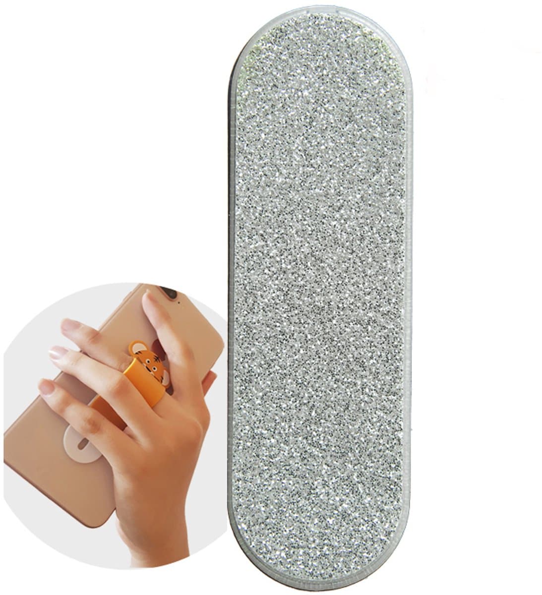 GadgetKing Vinger Grip houder – verstelbare flexibele GSM vingerhouder / Telefoonring grip / vingerhouder / telefoonring standaard / selfiehouder / telefoonhouder / ringhouder / telefoonstandaard – GLITTERS ZILVER