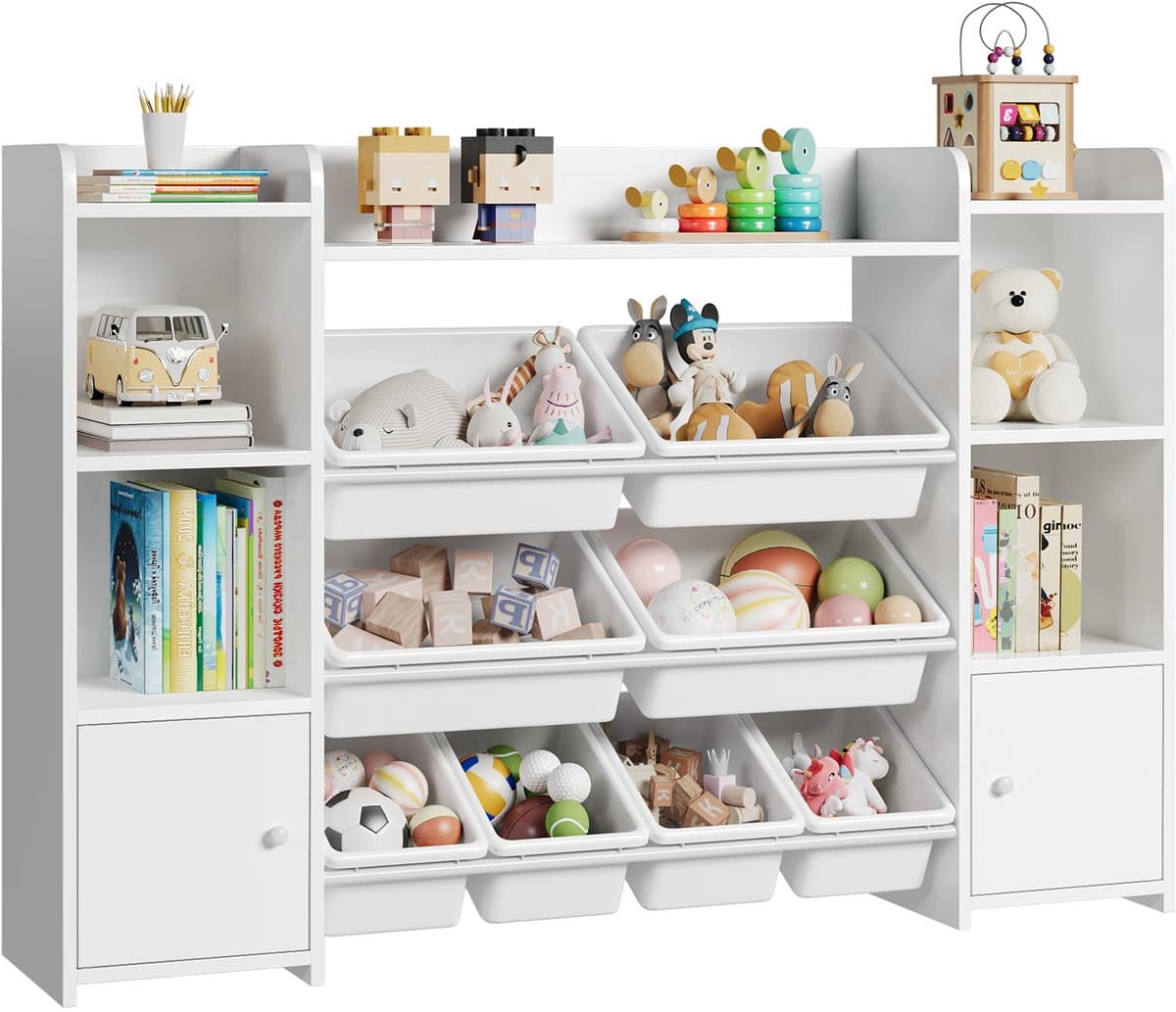 Fubzz Opbergkast Speelgoed - Kinderboekenkast - Opbergmeubel Met 8 Opbergboxen En 9 Planken - 138x29x94 cm - Wit