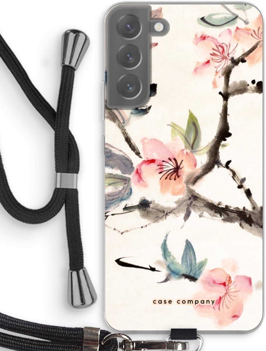 Case Company® - Hoesje met koord geschikt voor Samsung Galaxy S22 Plus hoesje met Koord - Japanse bloemen - Telefoonhoesje met Zwart Koord - Bescherming aan alle Kanten en Over de Schermrand