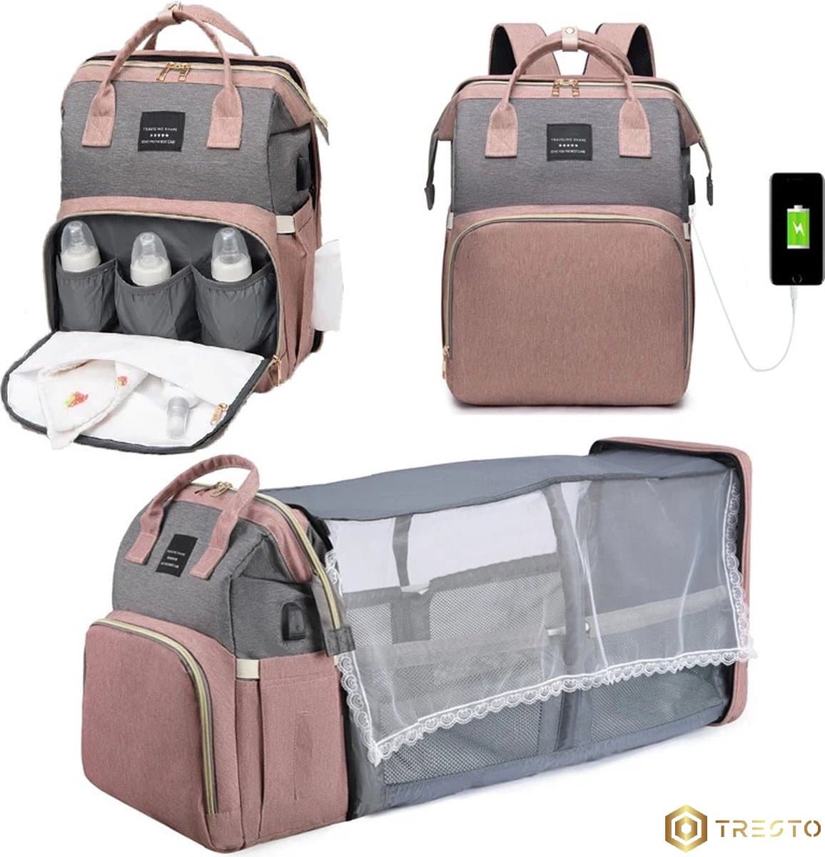TRESTO - Luiertas Rugzak met Babybed - Inclusief Flessenwarmhouder - Kinderwagenhaken en Isoleervak - Roze - BPA Vrij - USB - Kwaliteit