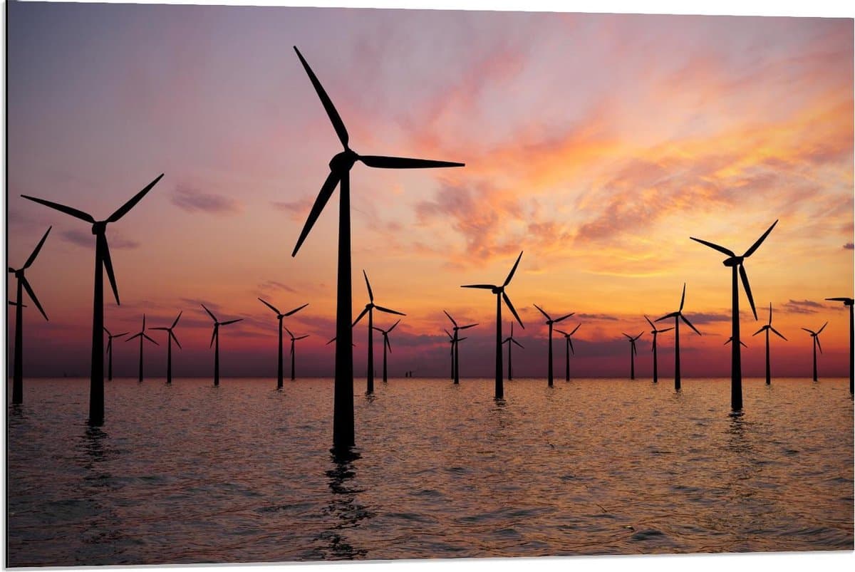 Dibond - Windmolens in Water met Zonsondergang - 90x60cm Foto op Aluminium (Met Ophangsysteem)