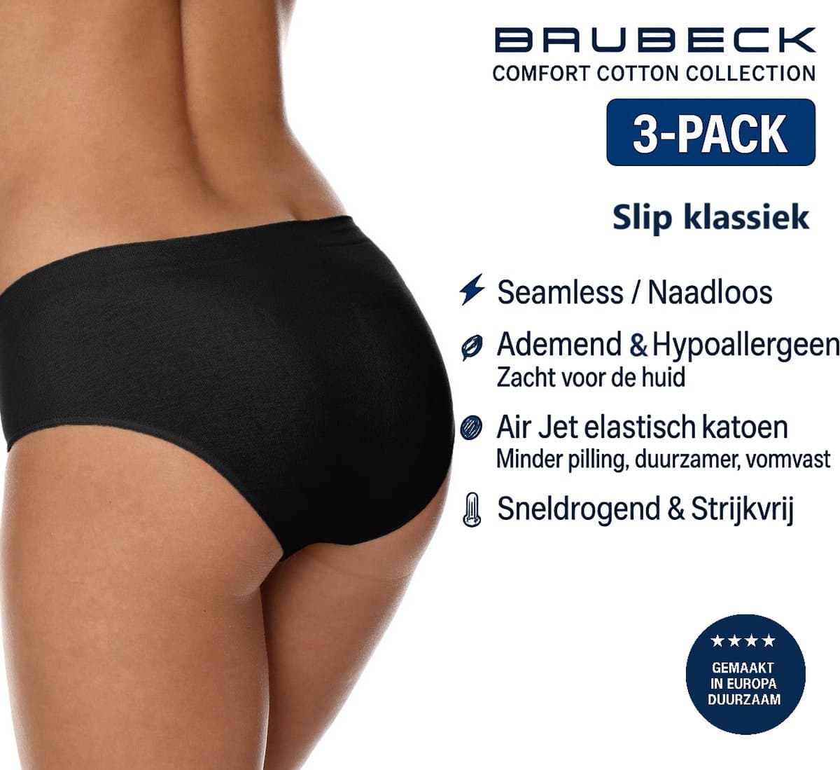 Brubeck Dames Slip Klassiek – Naadloos (Seamless) Elastisch Katoen – 3-Pack - Zwart - L