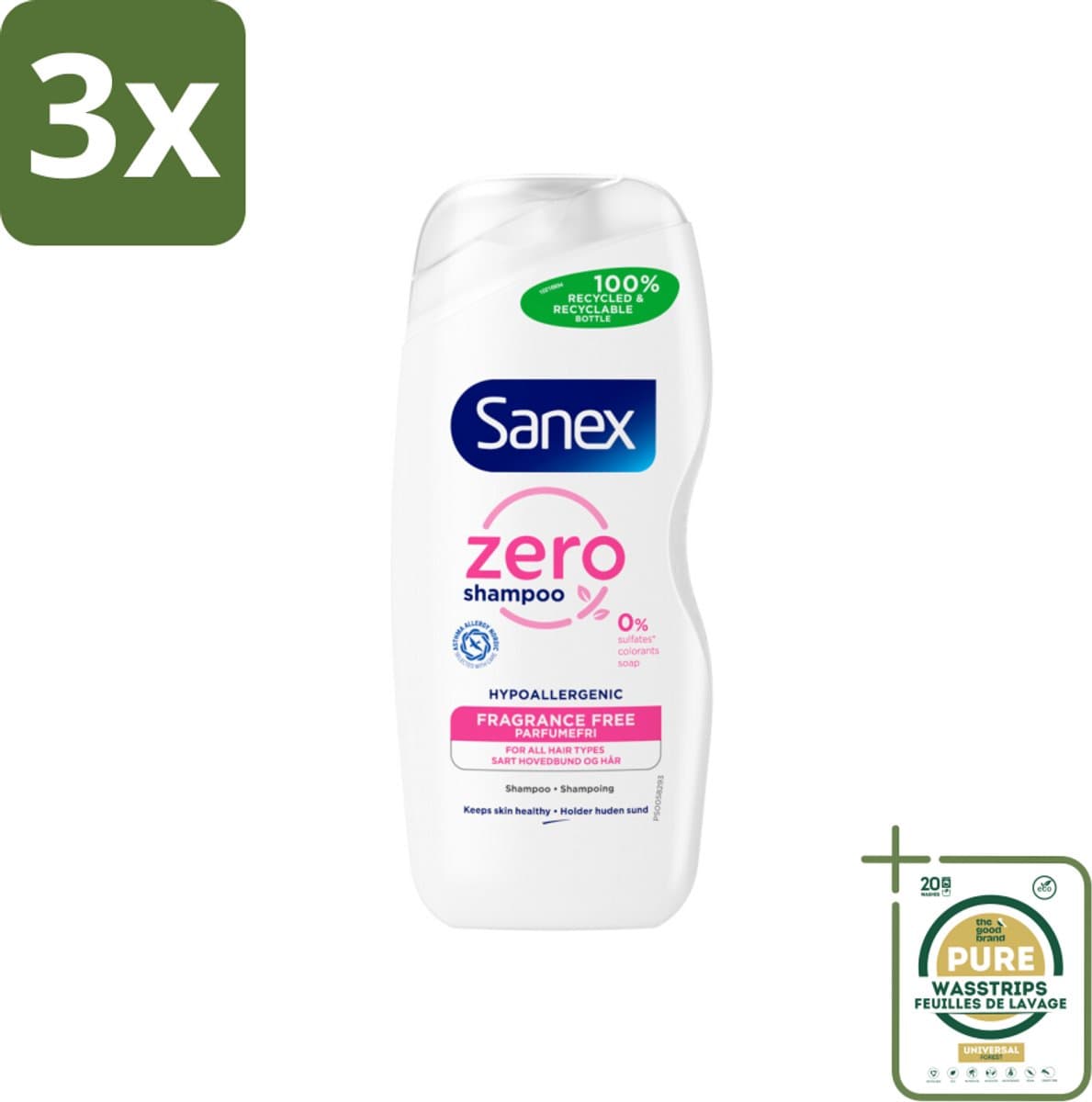 3 x Sanex - Shampoo - Zero% Normal Hair - Milde Reiniging - 250 ml - Grootverpakking - Sanex Zero% Shampoo - Milde Shampoo - Normaal Haar Shampoo - 100% Natuurlijke Ingrediënten - PH-neutraal Shampoo