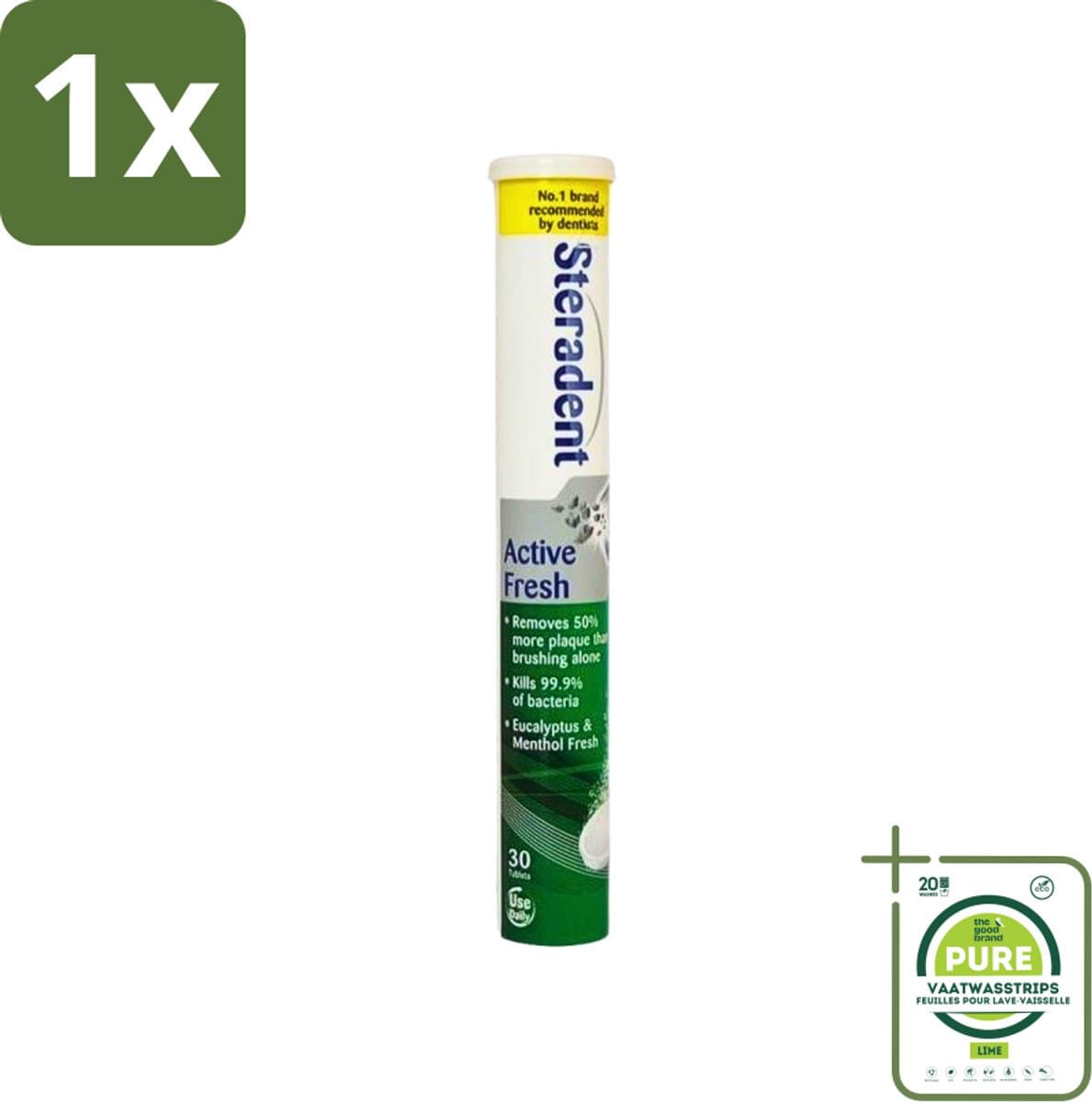 1 x Steradent - Reinigingstabletten - Active Fresh - Voor Kunstgebitten - 30 Tabletten - Kunstgebit Reiniging - Kunstgebit Tabletten - Tandsteen Verwijderen - Kunstgebit Schoonmaken - Frisse Adem