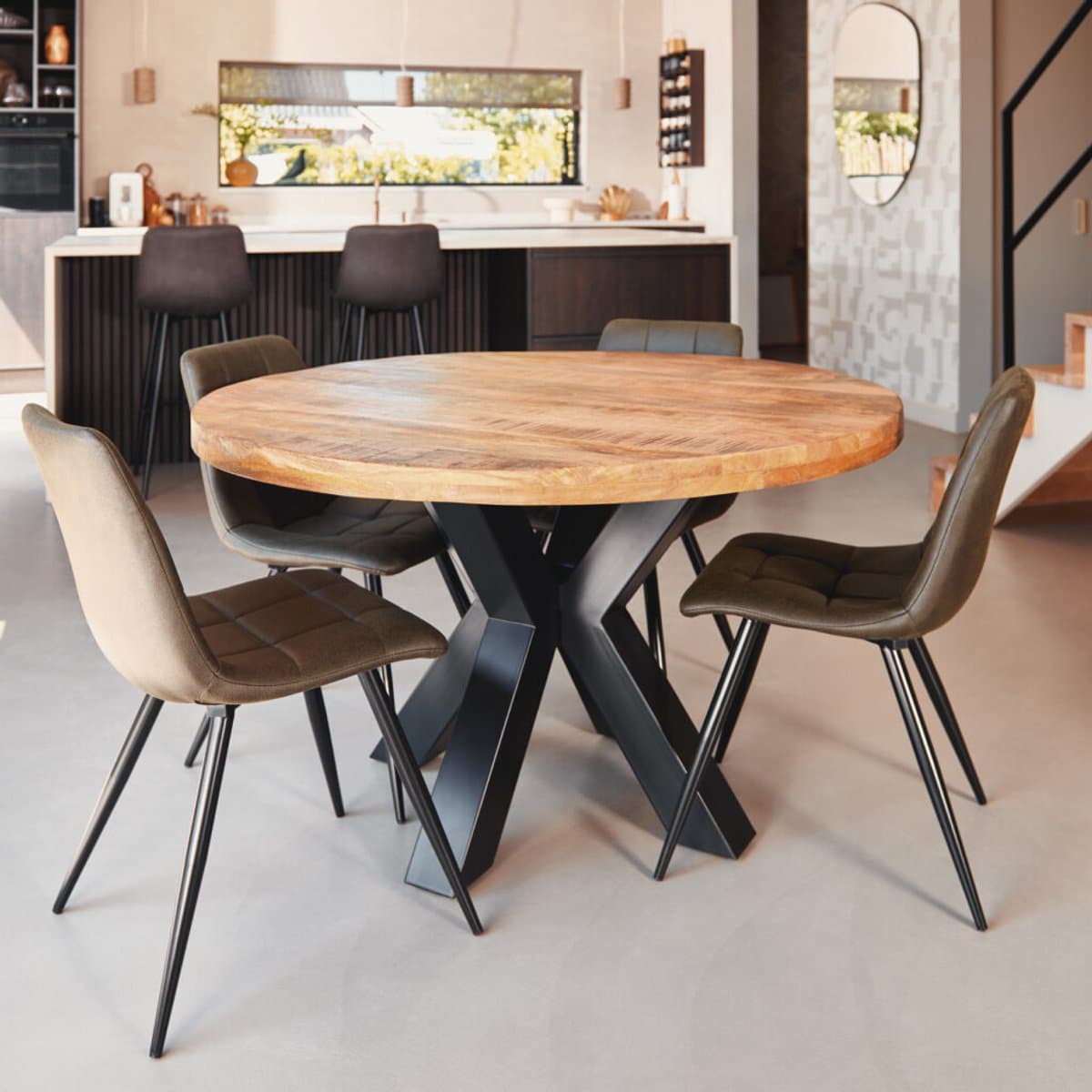 Ronde eettafel 110 cm mangohout glad rond 76cm 6cm dik blad