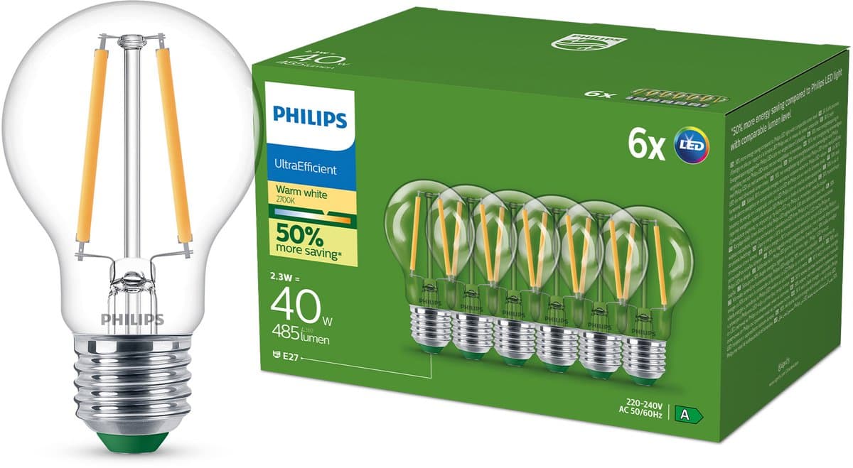 Philips UltraEfficient LED lamp Transparant - 40W - E27 fitting - Warmwit licht; 2700K - Ultra Efficiënt: Energielabel A - 6-pack