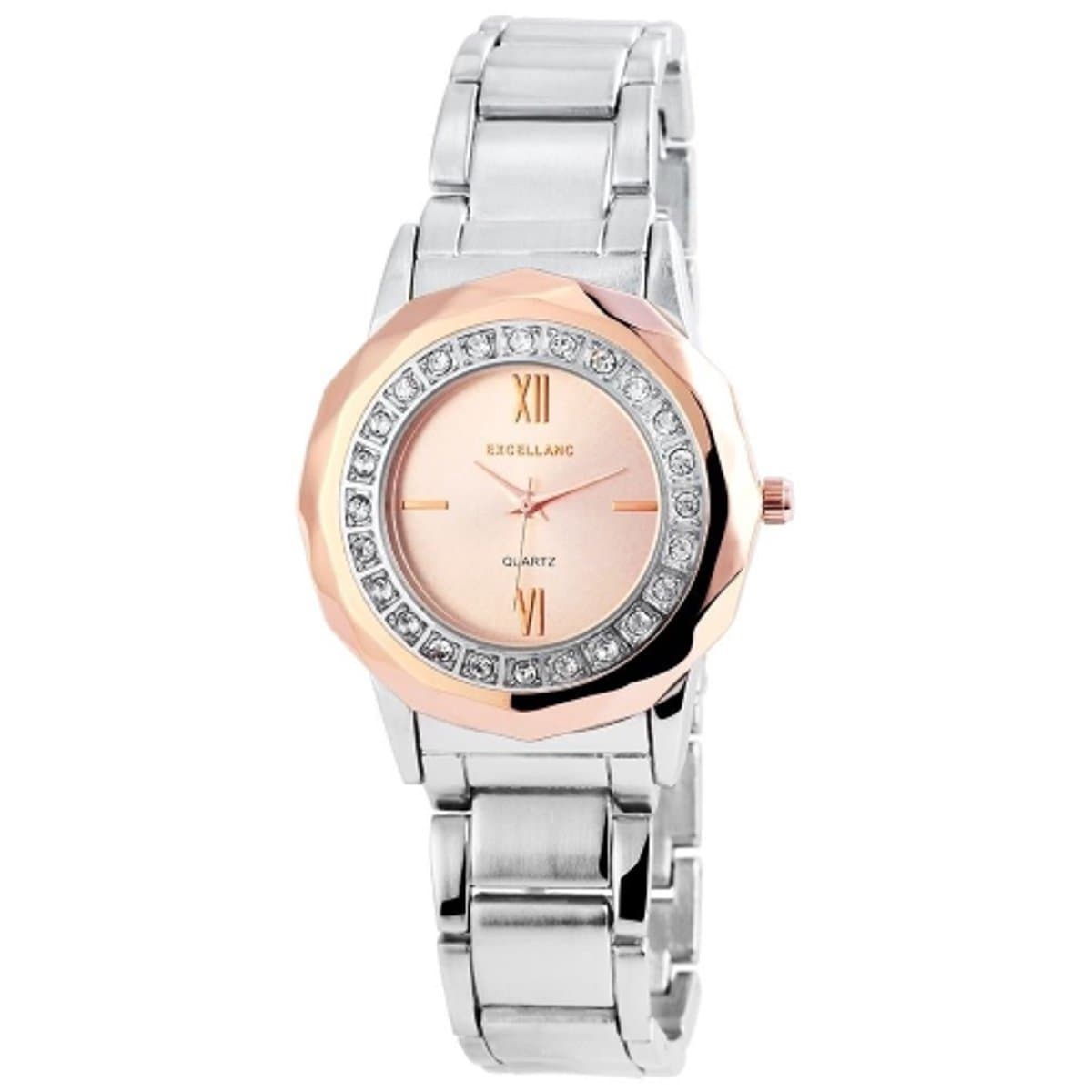 excellanc-dameshorloge-model 152825500024-bicolor-rosekleurig/zilverkleurig-3 atm waterdicht-diameter 38 mm-steentjes